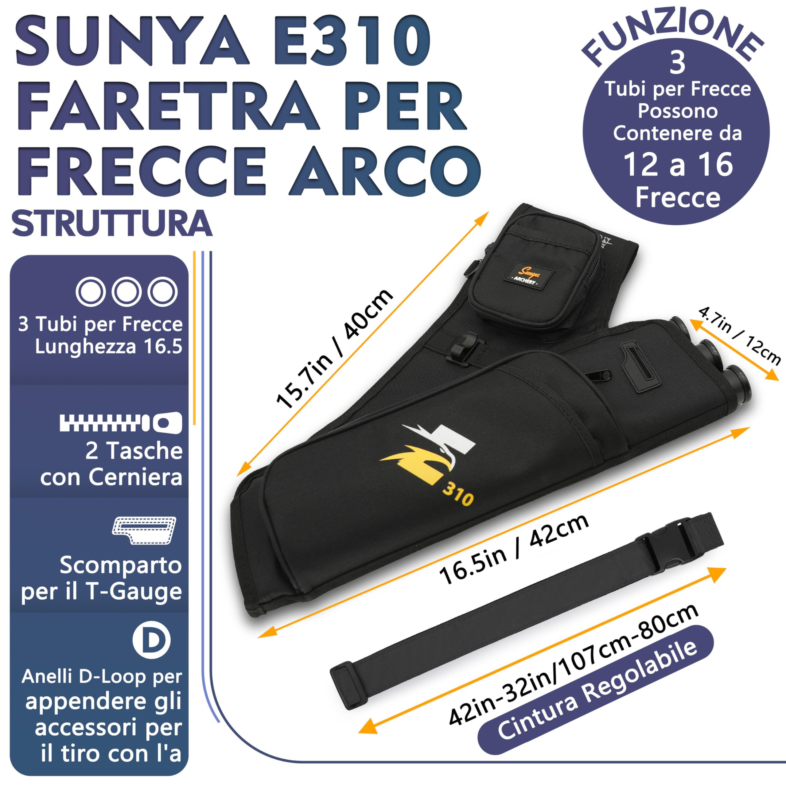 Sunya faretra per frecce Arco. Include 3 Tubi portafrecce, Tasche per Accessori e Cintura. Adatto per Archi Compound e recurve. - 2