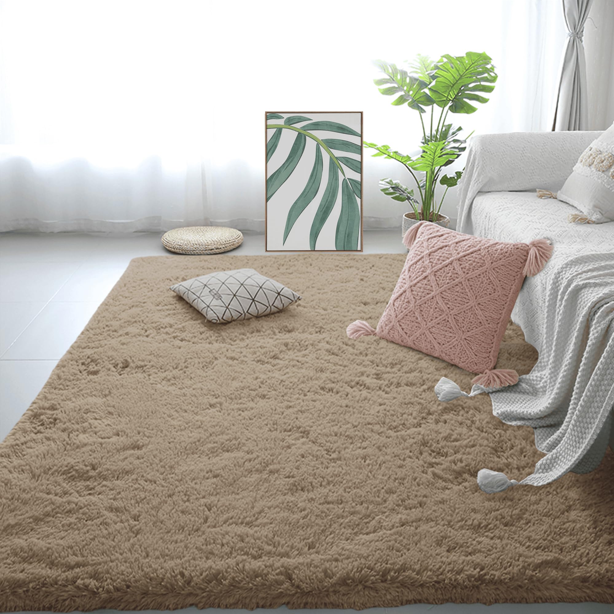 Grand tapis salon 180 x 250 cm shaggy chameau lavable pour chambre