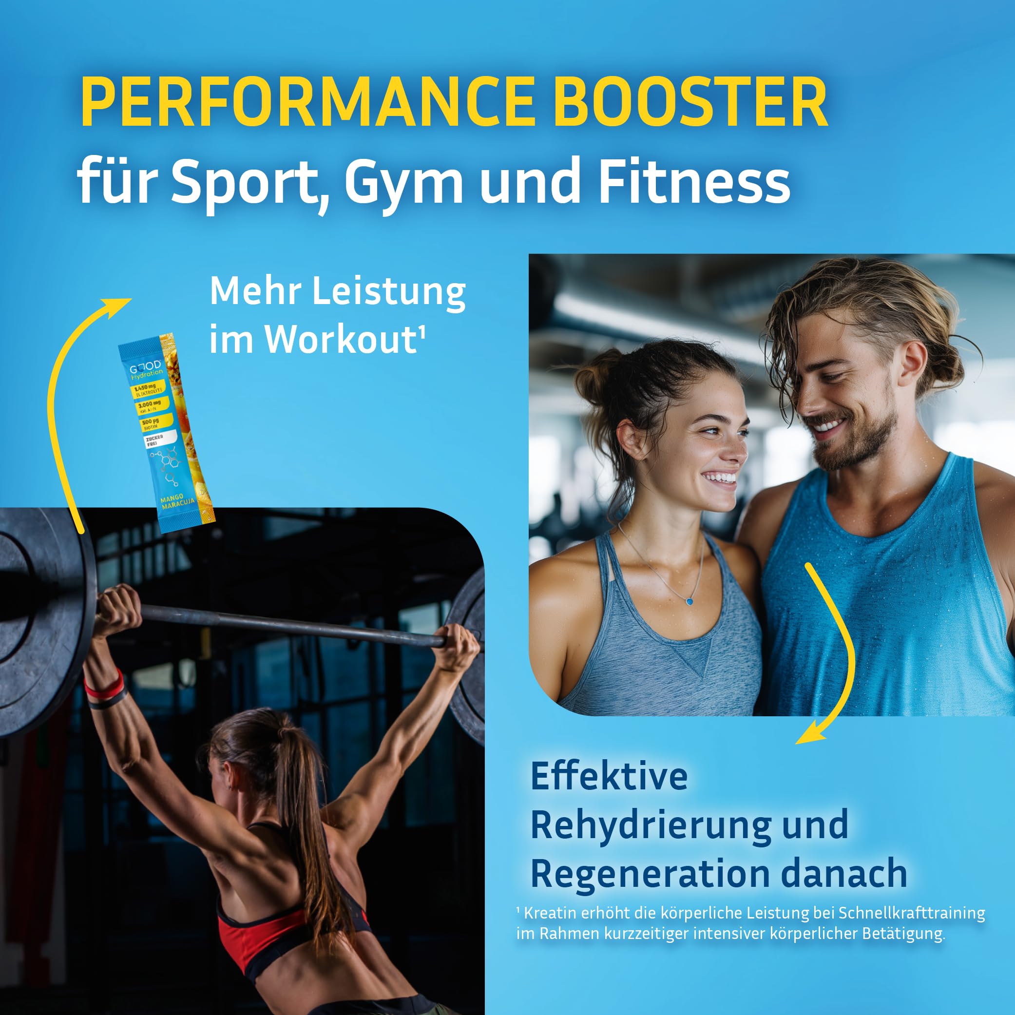 Rehydration PLUS KREATIN Mango Maracuja - Weltneuheit: 1450mg Elektrolyte plus Creatine Monohydrate - OHNE ZUCKER - mit Biotin und 6 Vitaminen – Elektrolytpulver für Sport - 20 Sticks