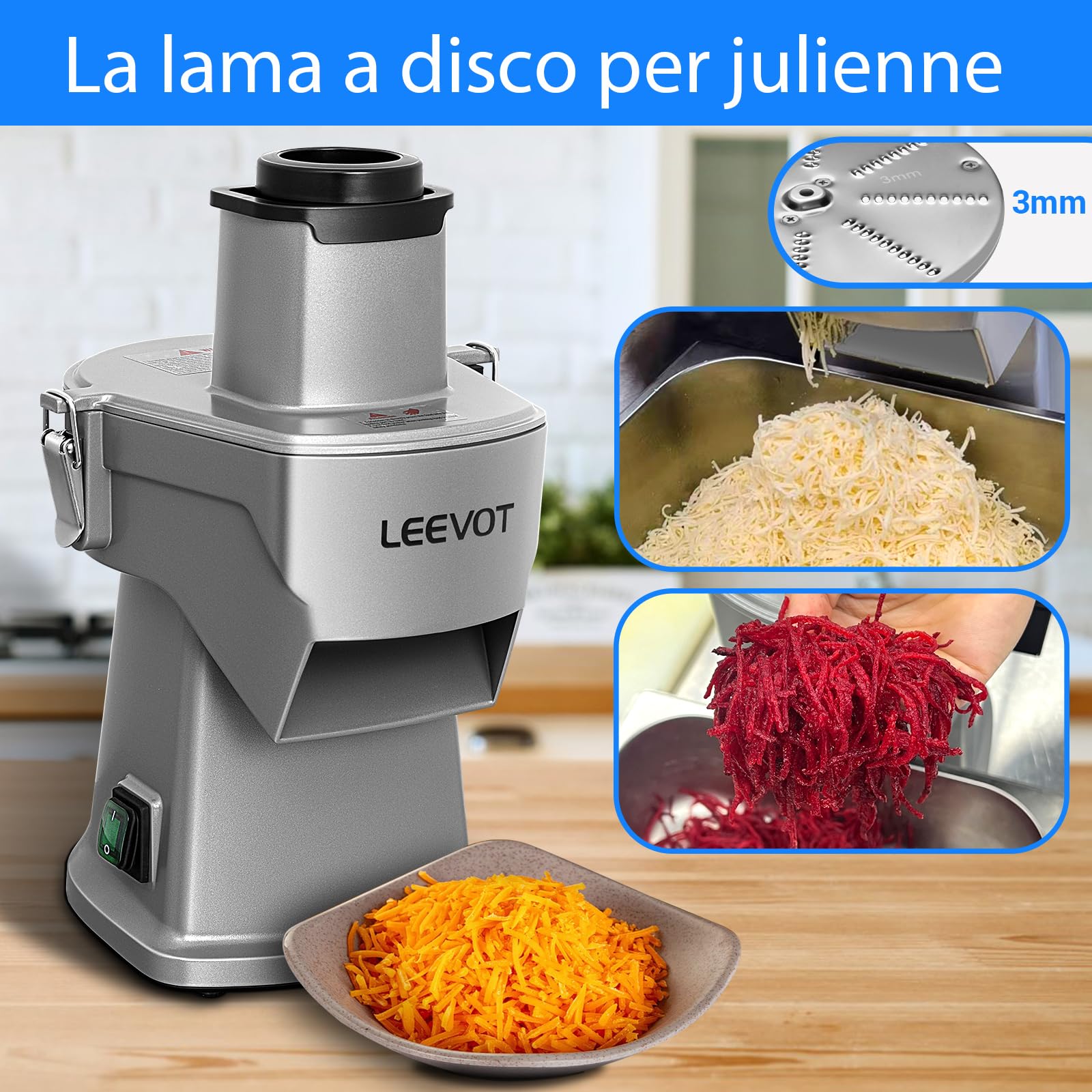 LEEVOT Tritatutto Verdure Elettrico Commerciale 200W, Robot da Cucina per Affettare, Diced e Grattugiare, Cutter Verdure Professionale per Ristorante, Hotel, Scuola, Mensa, Patatine Fritte, Grattugia