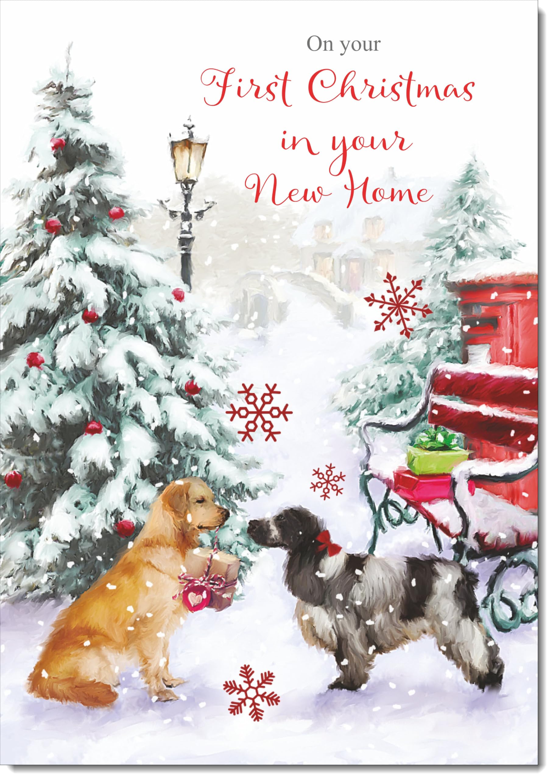 doodlecards 1st First Christmas in New Home Christmas Card Two Dogs in Snow Large A4 Size Christmas Card for 1st in New Home with Plain Envelope