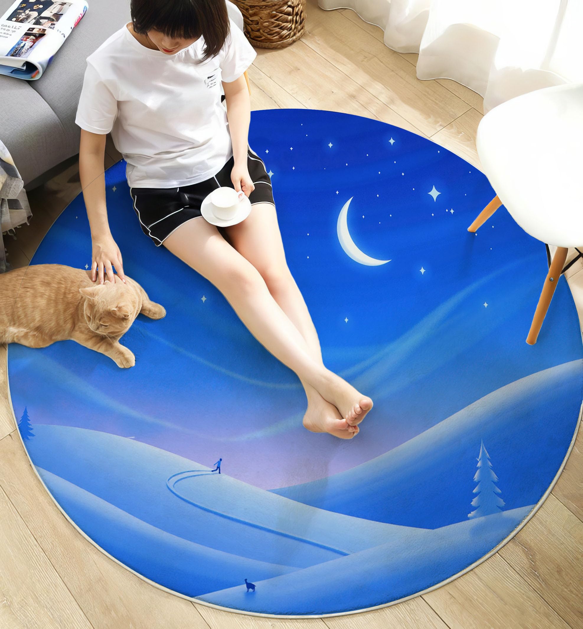 Tapis Rond pour Enfant - Scène de Neige au Clair de Lune Style Hivernal- Redonda antideslizante Lavable Sala de juegos pour Salon Chambres à Coucher - Bleu - 160cm