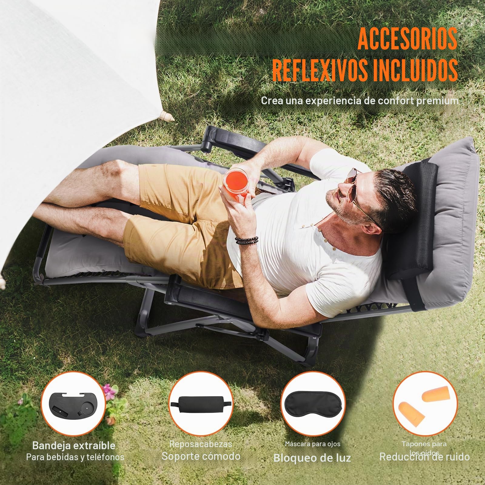 VEVOR Silla de Gravedad Cero 645 mm Sillón Reclinable para Jardín Tumbona para Terraza Capacidad de 226,8 kg Tumbona Antigravedad Ajustable con Cojín Reposacabezas Reposapiés Portavasos, Gris