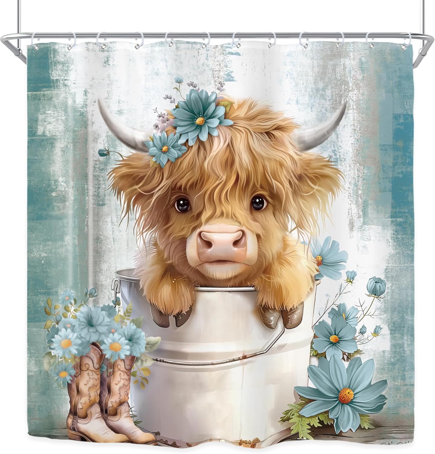 Riyidecor Funny Highland Cow Shower Curtain for Bathroom Decor 72Wx72H Teal Western Rustic Cute Farmhouse Bull Floral Country Flower Plant Art Printed Fabric Polyester Waterproof 12 Pack Plastic Hooks