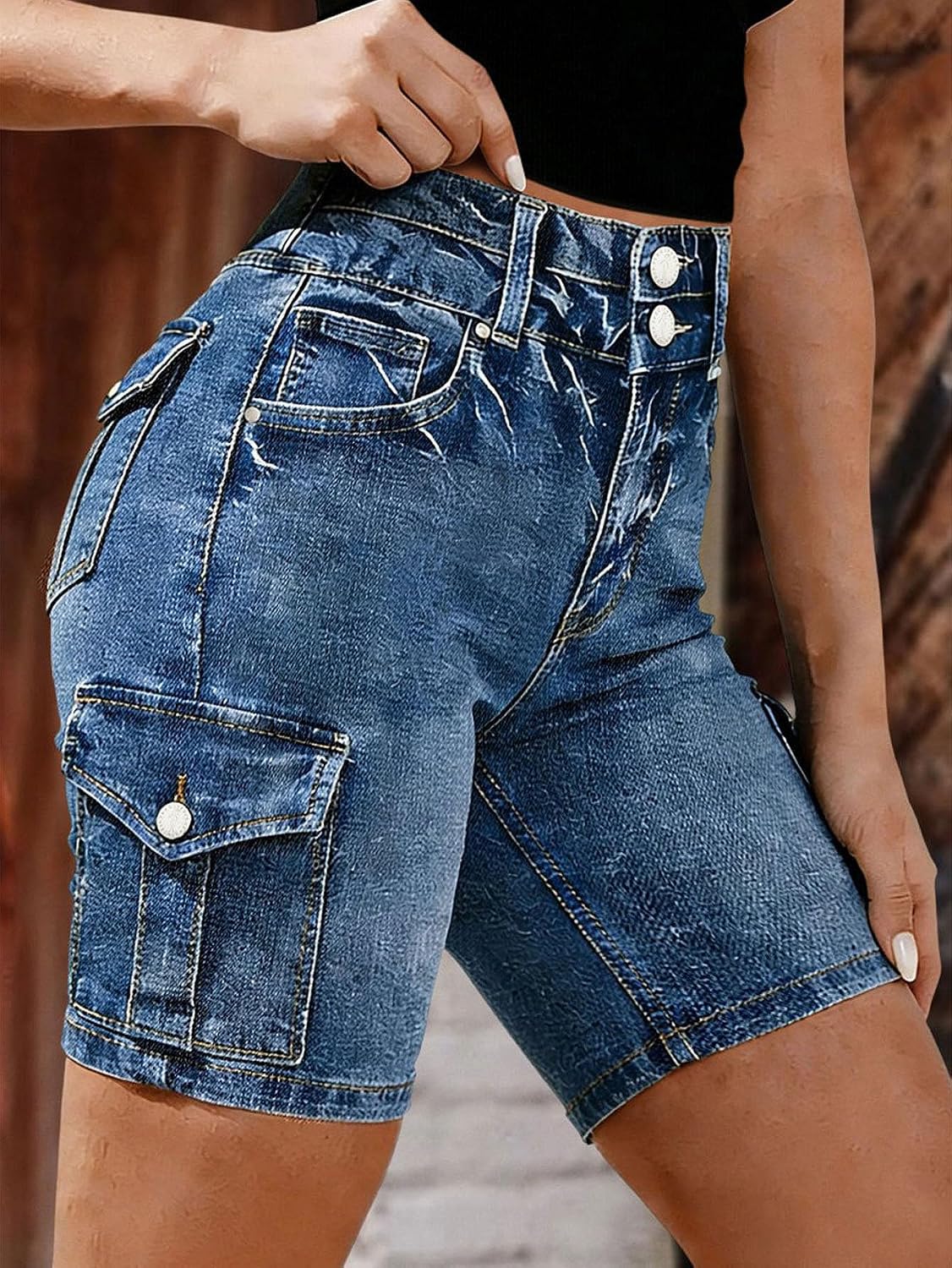 Flamingals Mid Waist Mid Thigh Cargo Denim Shorts for Women