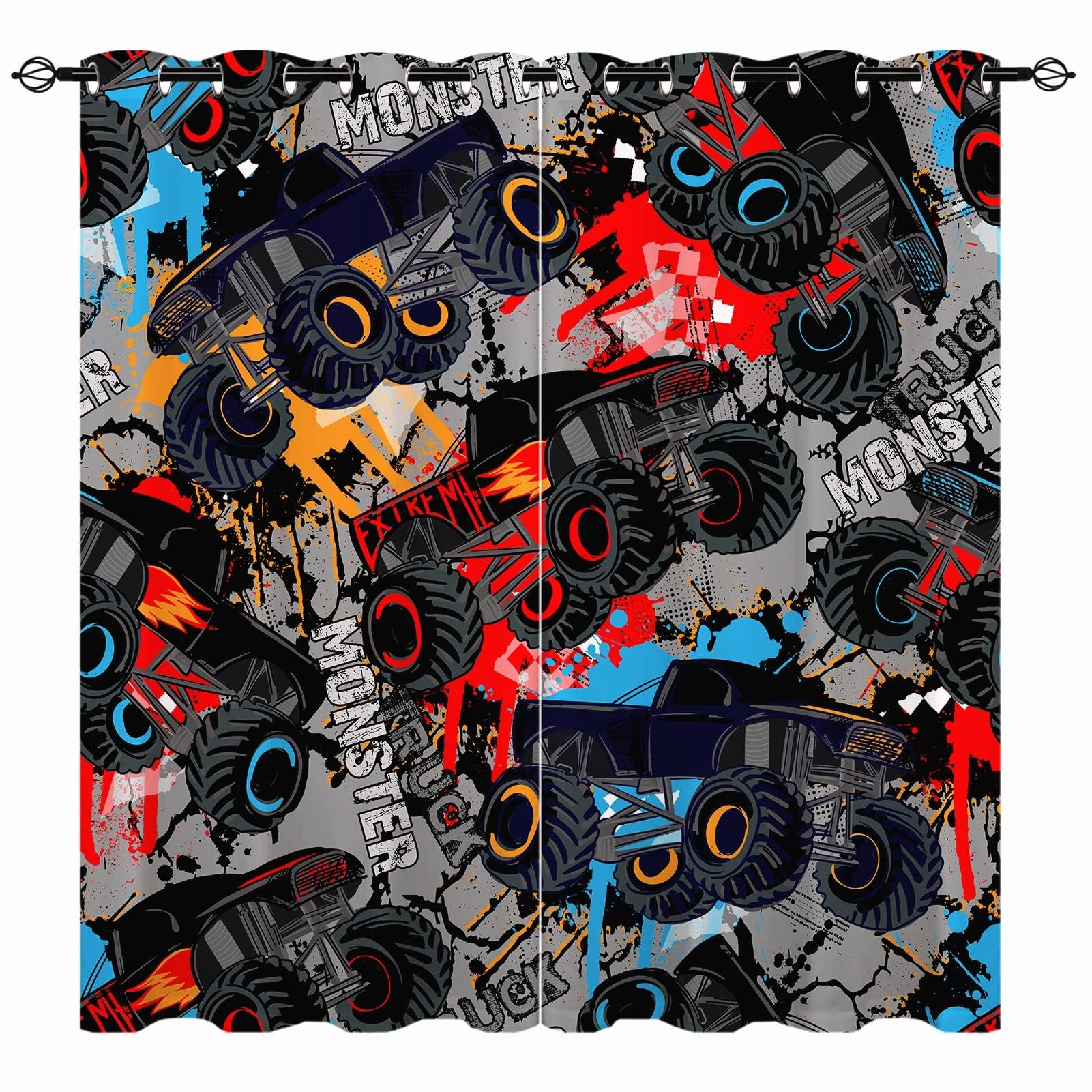 YUANZU Boys Curtains - Kids Monster Truck Car Shabby Dots and Spray Paint Texture Ink Print Pattern Eyelet Blackout Thermal Window Drapes for Nursery Baby Bedroom Playroom 2 Panels W106cm x D160cm โ image 1