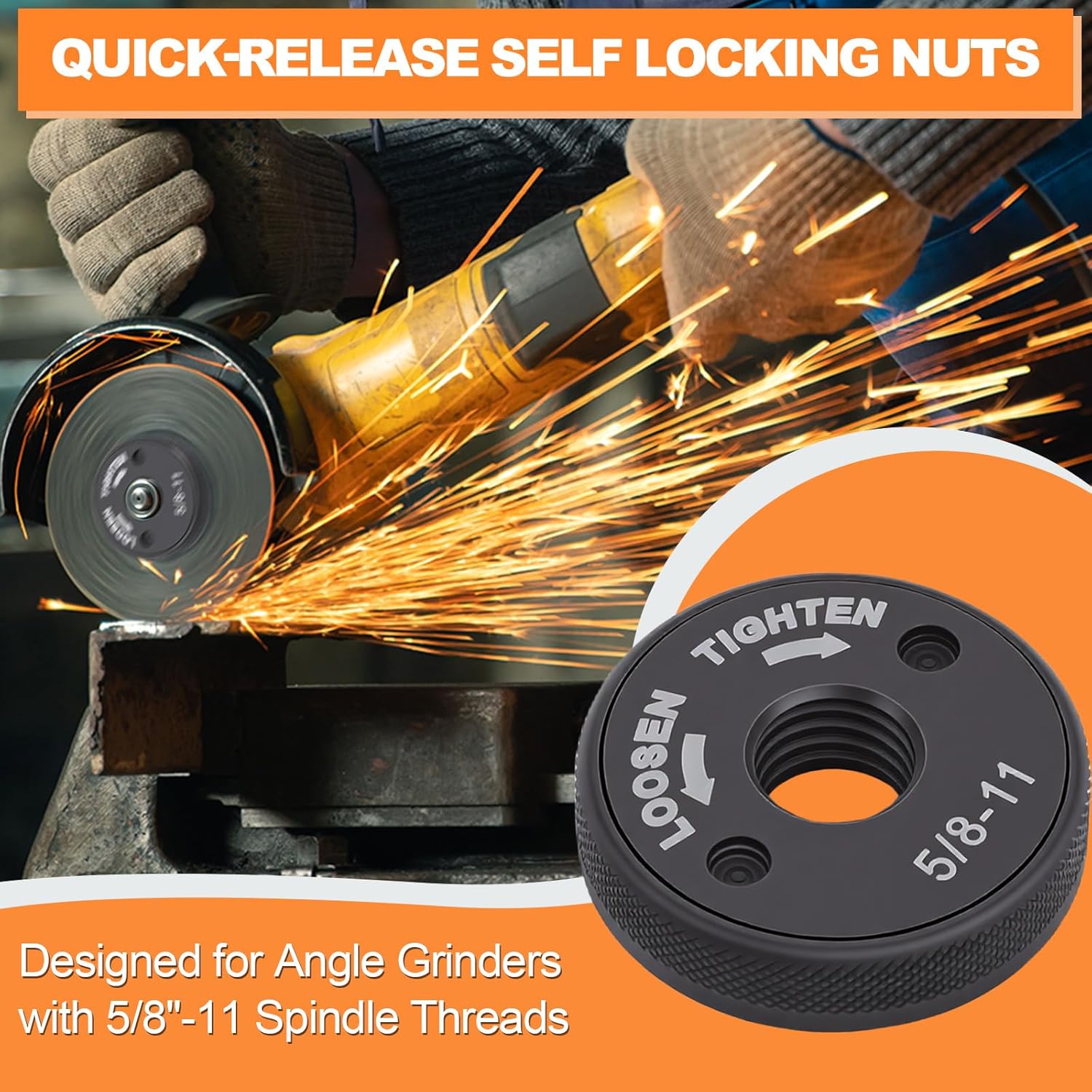 5/8"-11 Quick Change Angle Grinder Nuts, Self Locking Flange Nut No Wrench Required for 4.5" & 5" Angle Grinders, Metal Knurled Arbor Lock Nut Replacement, 1 Pack