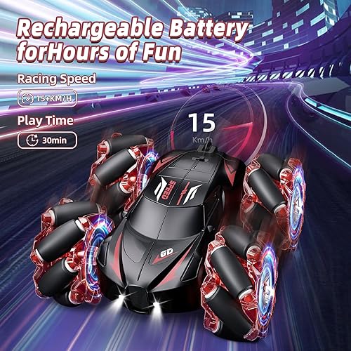 Miniatura 5 de Auto de acrobacias a control remoto de 2.4 GHz, 4WD con detección de gestos con luz fría y música, autos RC de doble cara con giro de 360 para niños