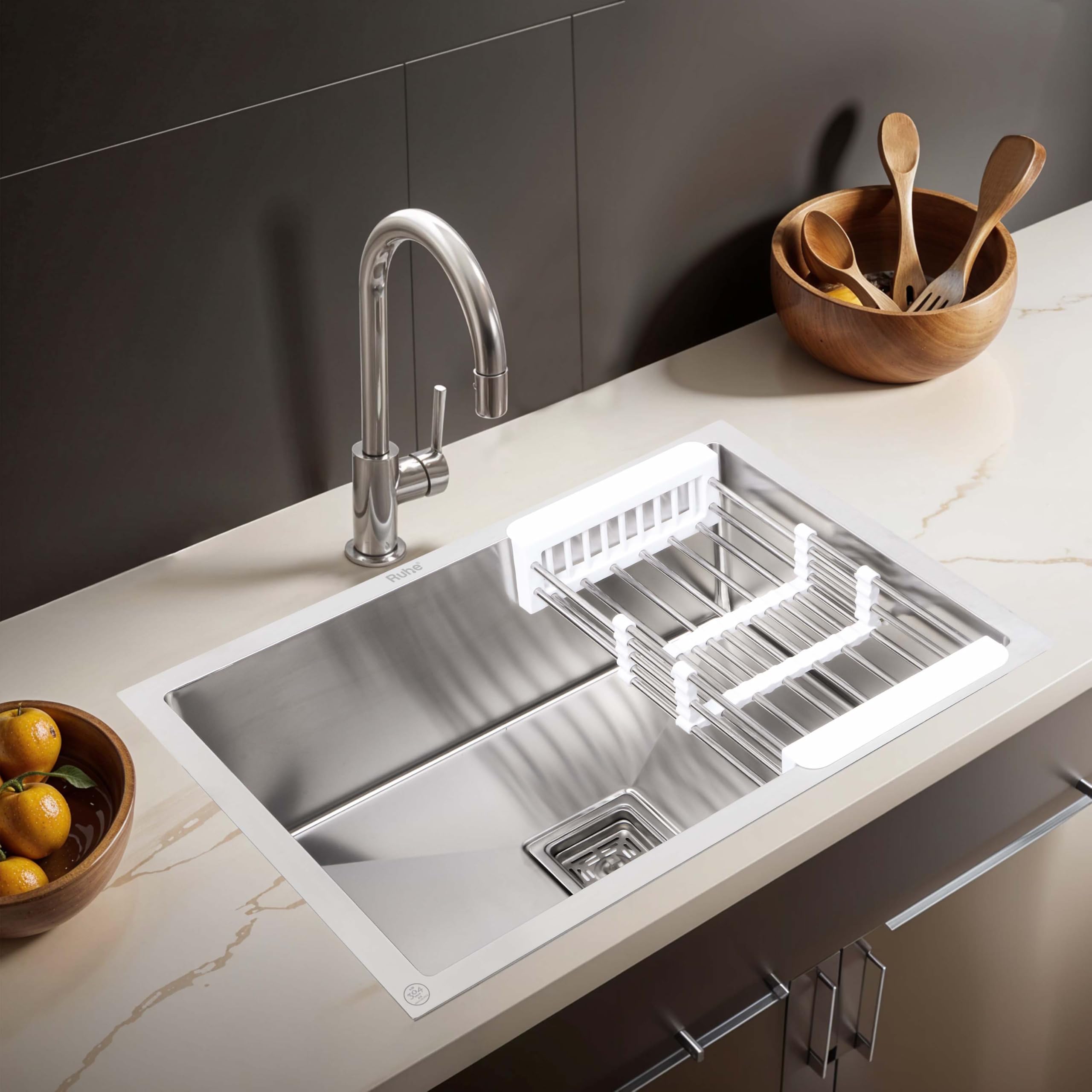 Ruhe® Handmade Single Bowl Kitchen Sink - 24x18x10 inches | 304-Grade Stainless Steel Sink with Brushed Matte Finish | Kitchen Sink Including Coupling, Waste Pipe & Vegetable Washing Basket-image-46