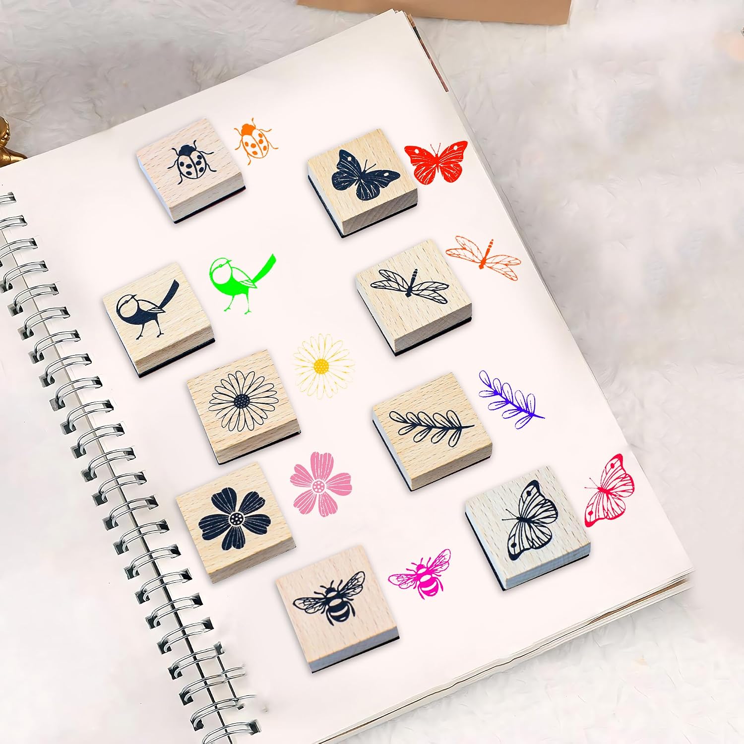 9 PCS Vintage Wooden Rubber Stamps, Wood Stamps for Crafting Pattern of Butterfly Bird Ladybird Flower Plant, Ink Rubber Stamp Set for Scrapbooking, DIY Art and Journals