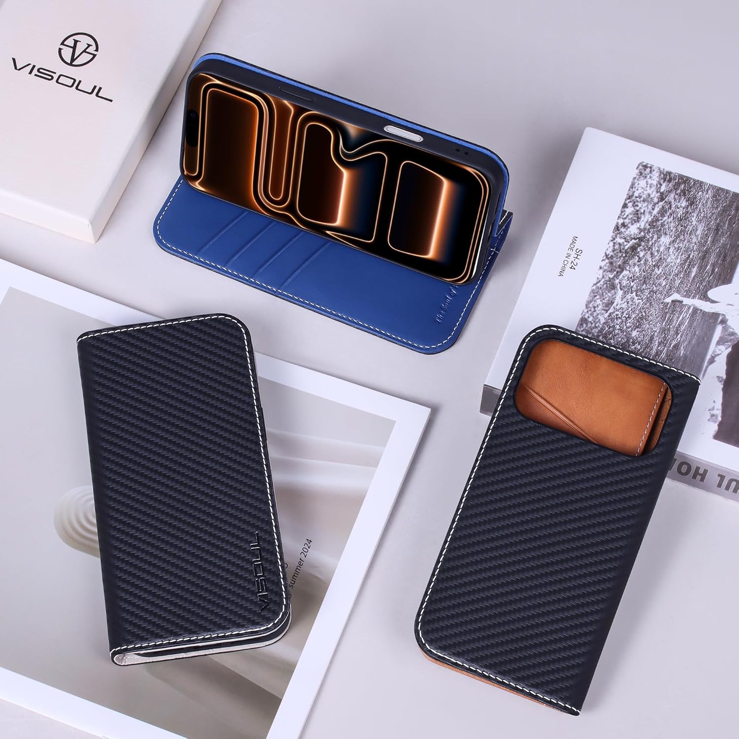 VISOUL Carbon Fiber Wallet Case for iPhone 17 Pro Max, Genuine Leather Magnetic Folio Case with RFID Blocking Card Slots, Kickstand, Soft TPU Shell, Protective Flip Cover 6.9”-Black+Blue - Image 9