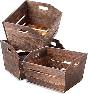 Geelin 3 Pcs Large Wooden Crate Box Rustic Storage Basket Wood Bin Basket Handmade Decorative Farmhouse Wooden Crates for Storage Fruits and Vegetables Display (15.8 x 11.8 x 9.1 Inch)