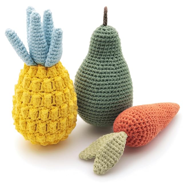 Nina Woof Juguetes para Perros Algodón Orgánico con Sonido - Pack de Frutas y Verduras Tejidas a Mano