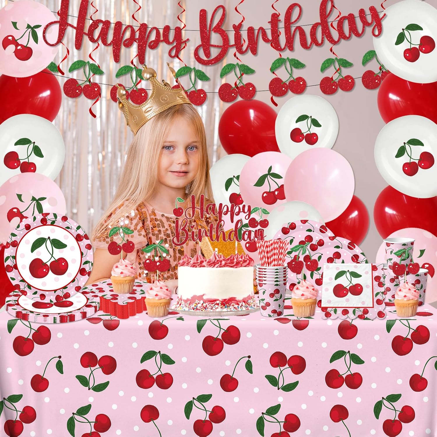 Cherry Birthday Decorations, Cherry Balloons, Napkins, Tablecloth, Plates, Cupcake Toppers Disposable Happy Birthday Party Supplies for Cherry on Top Baby Shower, Cherry Decor Serves 24 Guests
