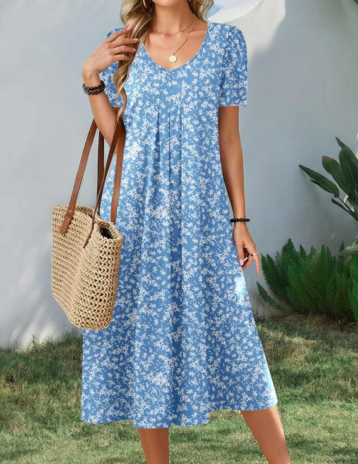 Zeagoo Summer Dress for Women Casual Floral Midi Sundress with Pockets V Neck Pleated Short Sleeve Aline Beach Vacation Dress - Image 3