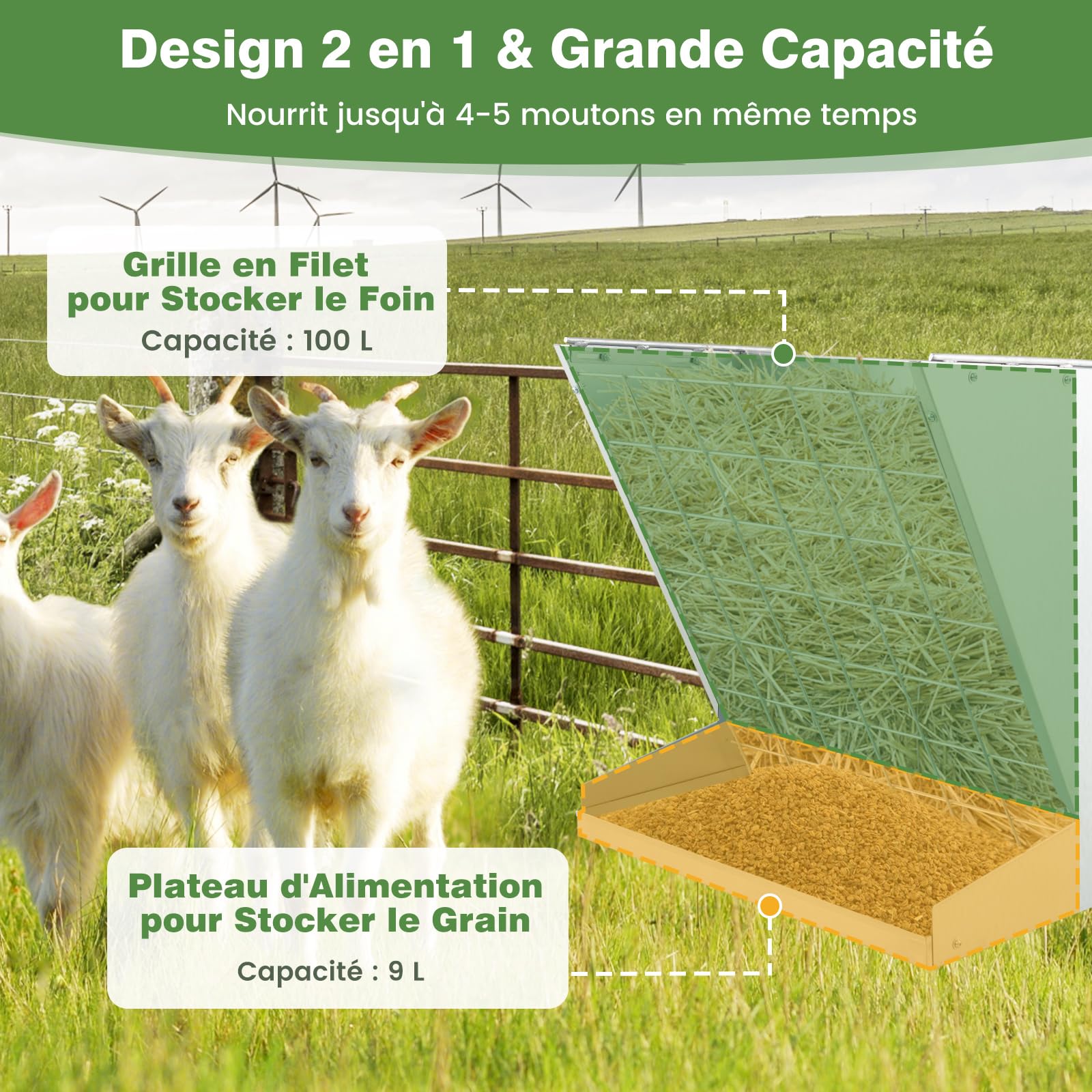 COSTWAY Mangeoire à Foin Murale 2 en 1, Râtelier à Foin et Céréales en Acier Galvanisé, 109 L pour 4-5 Moutons, Tiges Ajustables, Alimentateur de Foin Suspendu pour Chèvre, Cheval, Bœuf