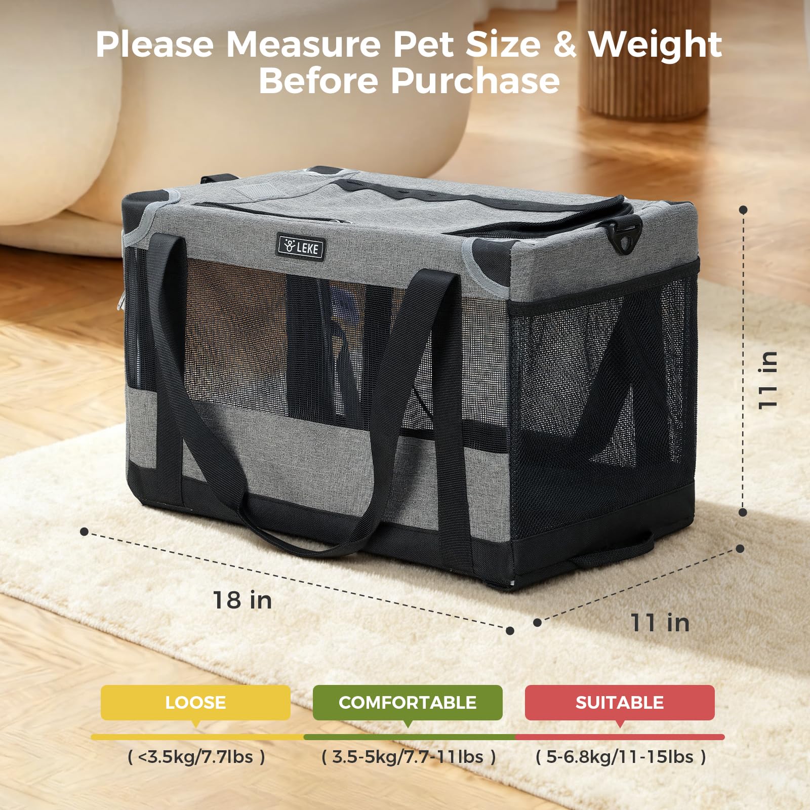 Lekesky Sac Transport Chat, Sac Voyage Chat avec Maille sur 4 Côtés, Approuvé Compagnie Aérienne, Caisse Transport Chats Pliable Stable pour Adapté aux Chats et Chiots Pesant Jusqu'à 7 Kg, Gris L