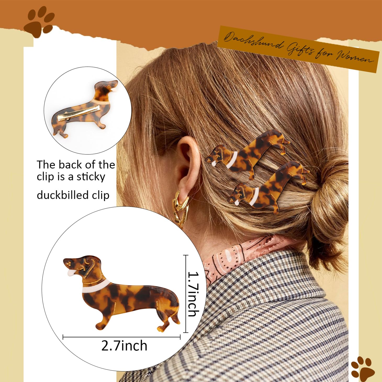 2PCS Dachshund Gift for Women Girls, Cute Dog Hair Clips Acetate Hairpins Puppy Lover Animal Pet Hair Pins Accessories - Image 2