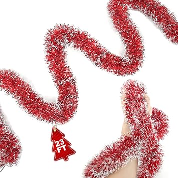 23Ft Christmas Garland - Christmas Tree Tinsel, Christmas Tinsel Decorations for Indoor&Outdoor Home Decor, Christmas Metallic Twist Garland Ceiling Hanging Decorations for New YearRed