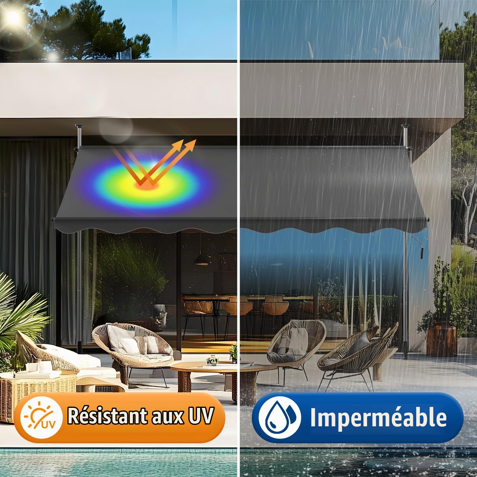 Store Banne Rétractable Terrasse 200x120cm, Store de Balcon-Hauteur Réglable Manuel, Auvent de Patio sans Perçage, Store Téléscopique Extérieur UV Résistant, Marquise de terrasse, Gris Foncé