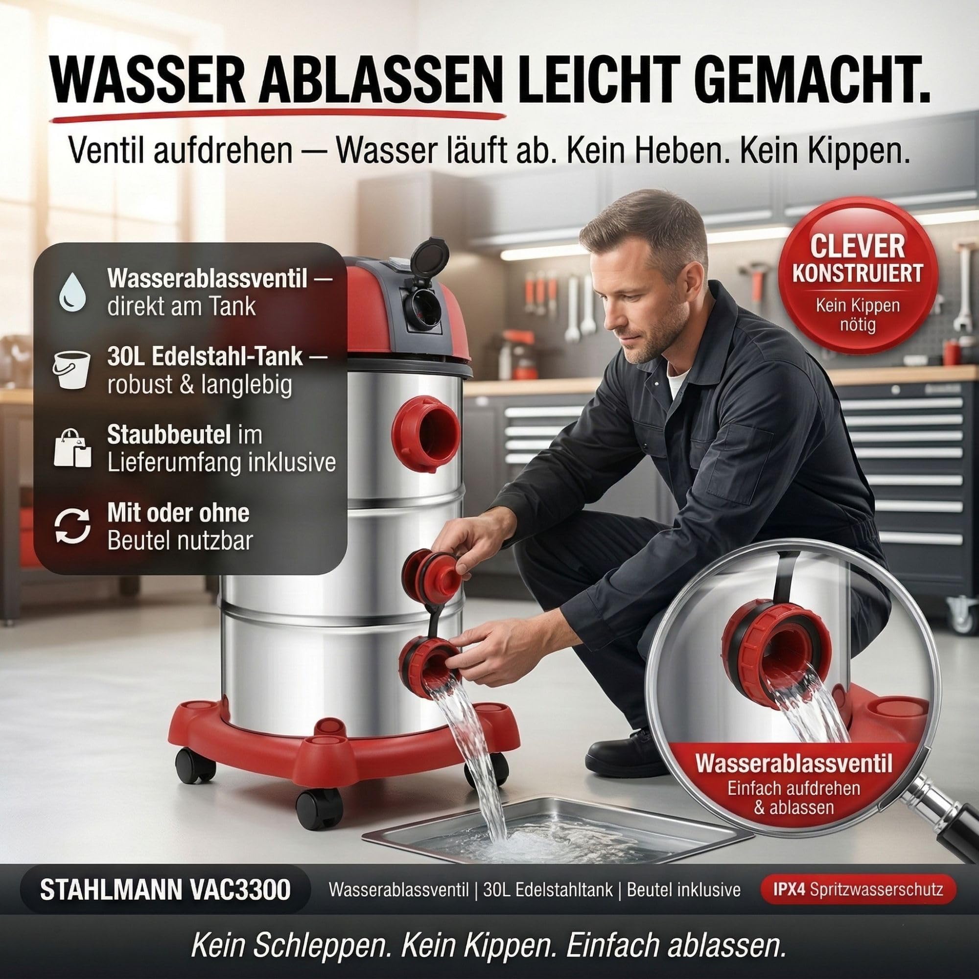 STAHLMANN VAC3300 Industriestaubsauger 3300W | Steckdose mit Automatik (2000W) | Blasfunktion | 21kPa Saugleistung | Nass- & Trockensauger 30L | Werkstattsauger ohne Beutel | Baustellen-Sauger