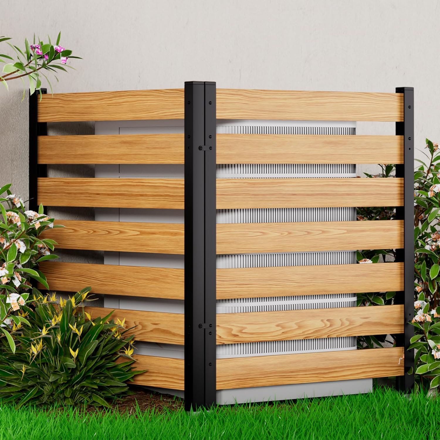 Outdoor Privacy Fence 3P-38''W x 42''H Wood Fence Privacy Screen No Dig Fence Panels, Fencing for Garden Patio Pool Equipment Enclosure Trash Bin Air Conditioner, Privacy Fence Panels Horizontal,Black