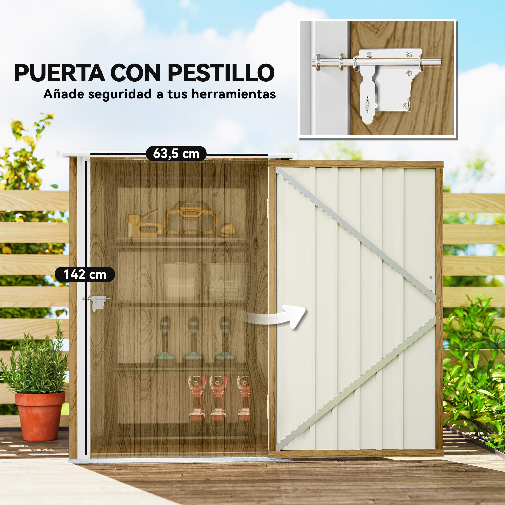 Outsunny Cobertizo de Jardín Exterior, 0,92 m², 100x103x160 cm, Caseta de Jardín Exterior Metálica con 1 Puerta y Cerradura, para Almacenamiento de Herramientas, para Patio, Terraza, Marrón Claro — view 4