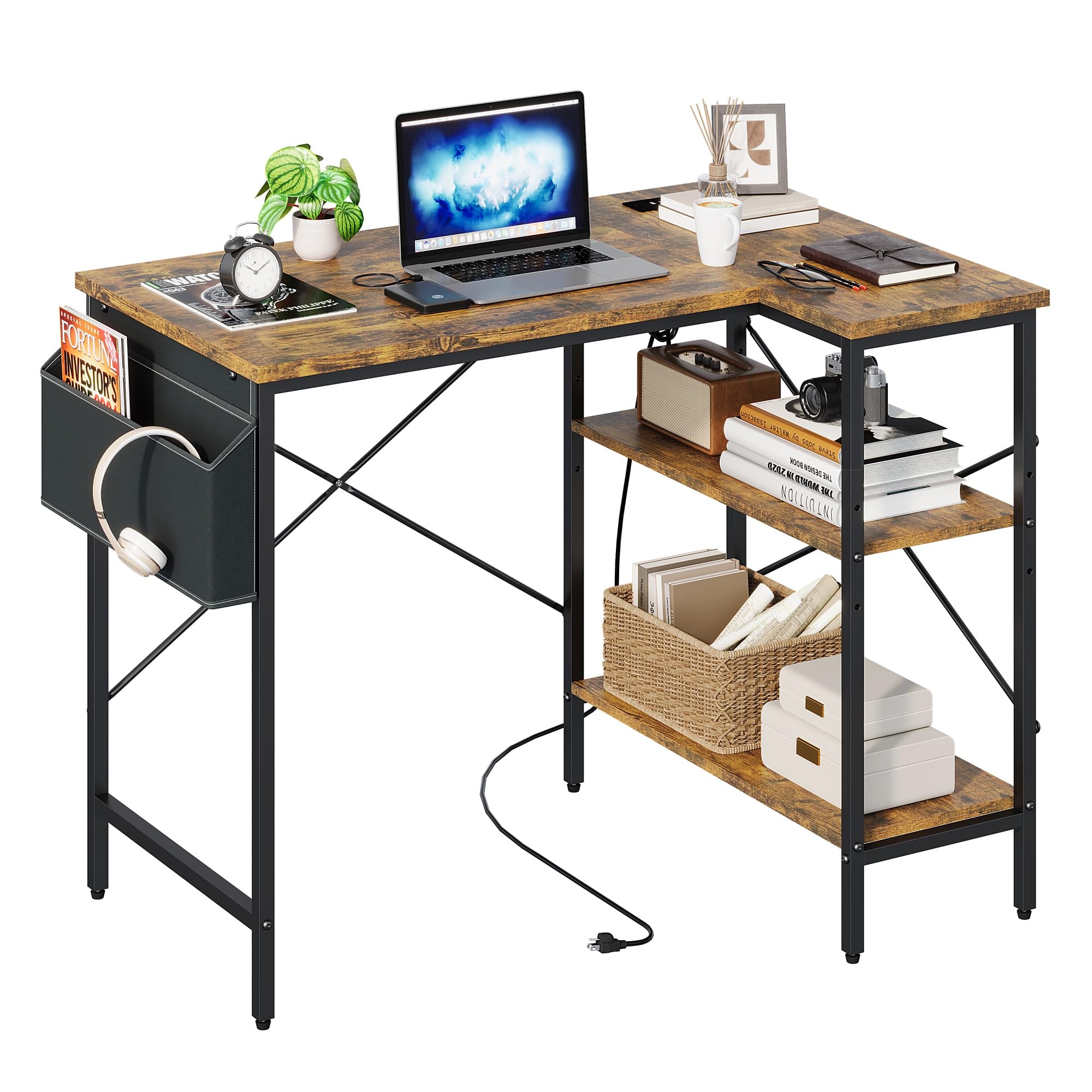 Panana L Shaped Gaming Desk with Power Outlets, Reversible Corner Computer Desk with Storage Bag & Shelves, Home Office Study Workstation Writing Table for Small Spaces (Rustic Brown, 100x70cm)