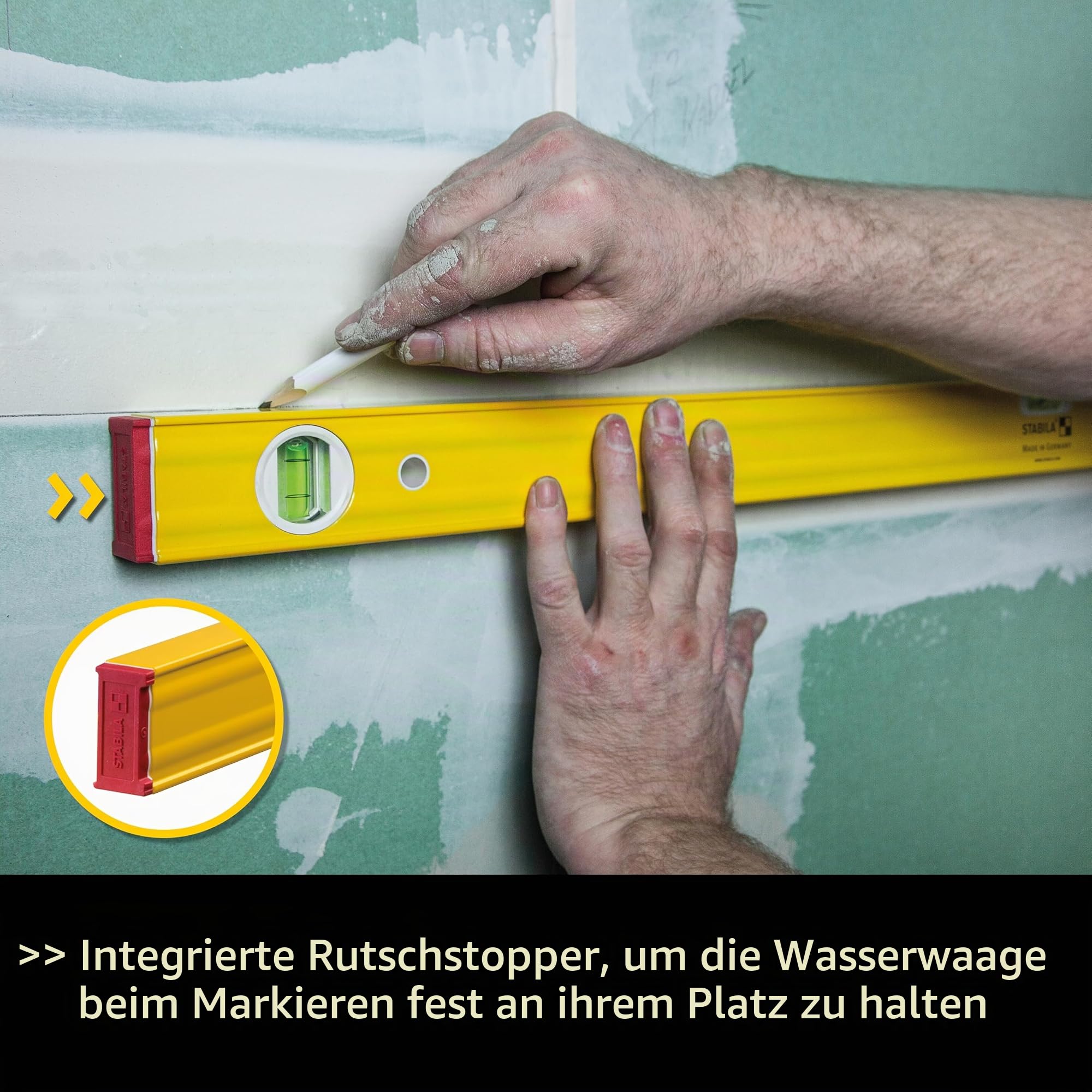 STABILA Wasserwaage Type 80 AS-2, 60 cm, verstärktes Alu-Profil, 1 Horizontal-Libelle, 2 Vertikal-Libellen, integrierte Rutsch-Stopper, Made in Germany
