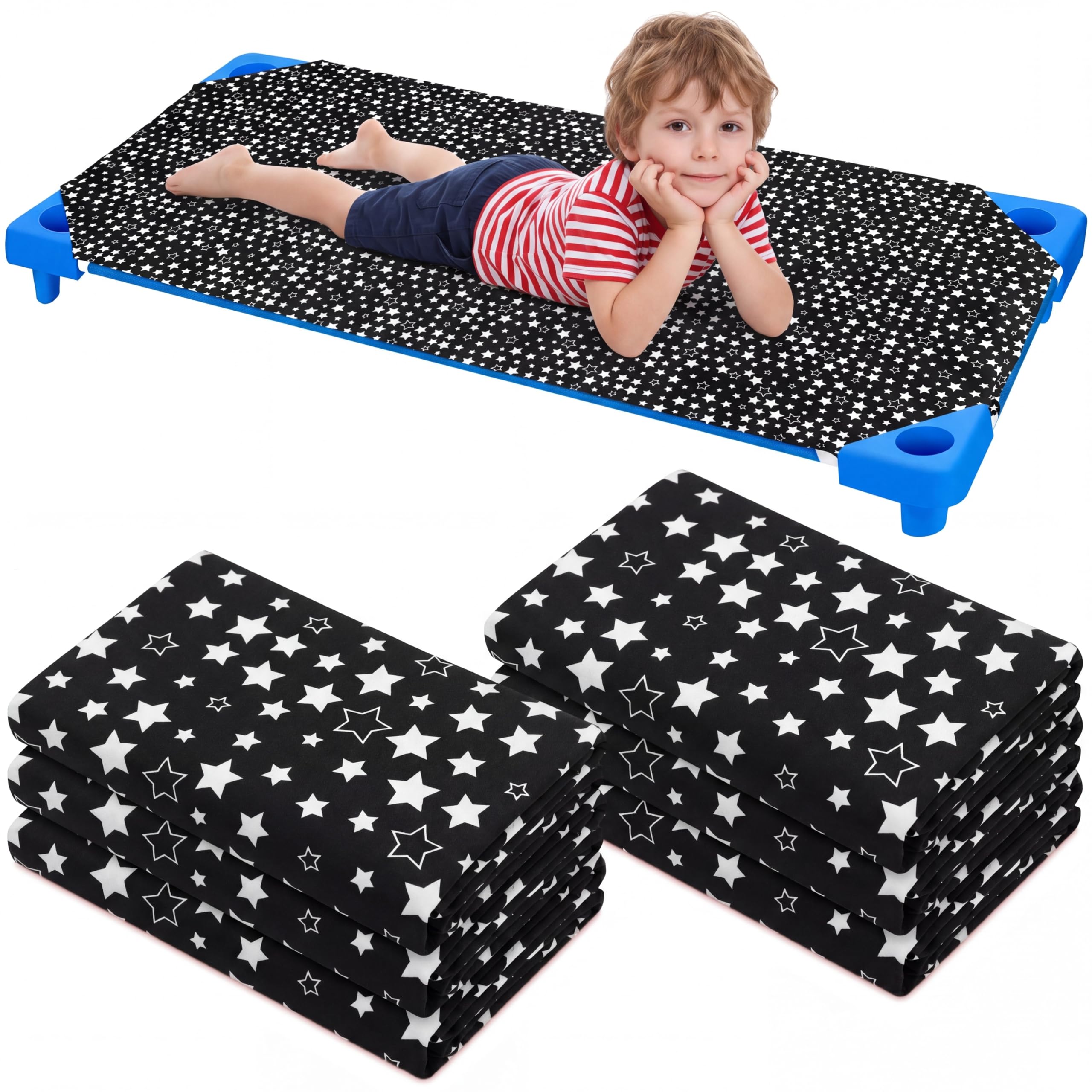Photo 1 of Peryiter 6 Pcs Cot Sheets for Daycare Standard Size 24" x 51" Toddler Nap Mat Sheets Star Pattern with Corner Elastic Loops Breathable Bed Fitted Cot Crib for Preschool Child Kid Boy Girls (Navy Blue)