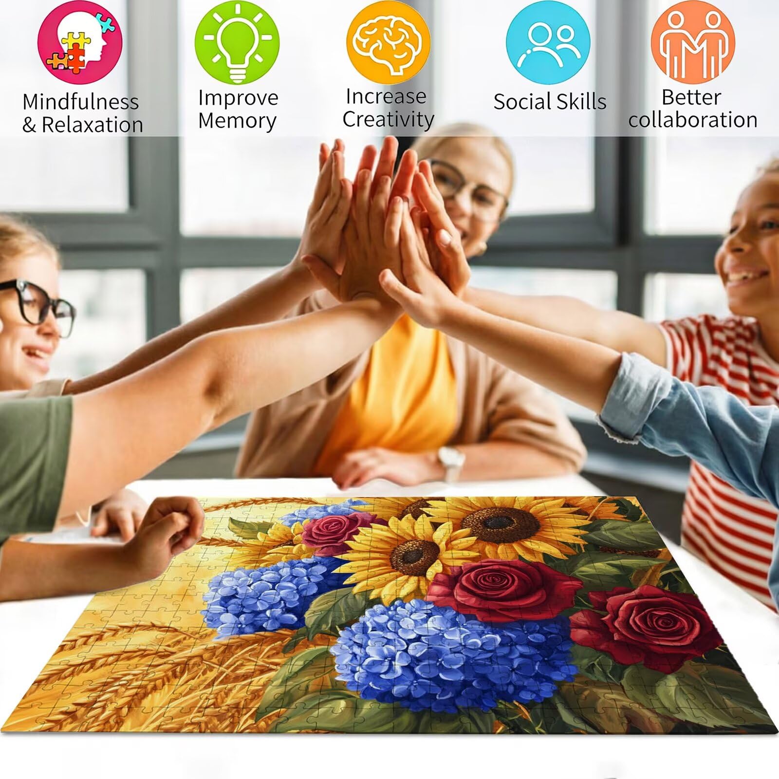 Zestaw puzzli 1500 elementów, trudne puzzle, drewniane puzzle dla całej rodziny, zestaw "zrób to sam" dla dorosłych, nadają się jako dekoracja ścienna, prezenty dla kobiet, temat: słonecznik 8p-885