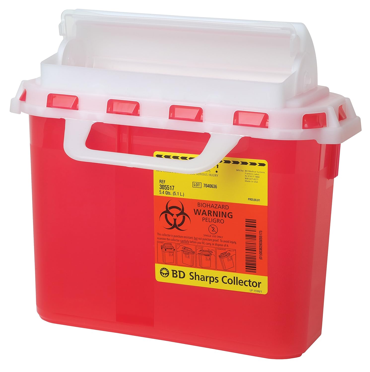 BD Medical 305435 Sharps Collector with Counterbalanced Door, 2 gal Capacity, 11.5" Height, 13.5" Width, 6" Depth, Red, Pack of 10