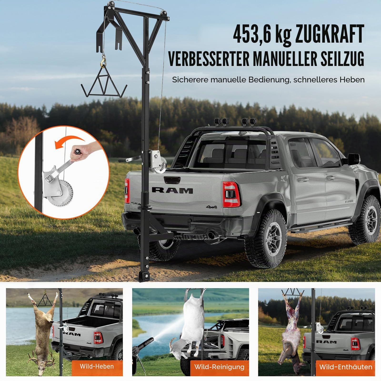 VEVOR Wildhebezeug für LKW-Anhängerkupplung, 272 kg Tragkraft, an der Anhängerkupplung montiertes Wildhebezeug mit Seilwinden-Hebegarnitur, Fußsockel, einstellbare Höhe & 360 Grad drehbar, Karbonstahl