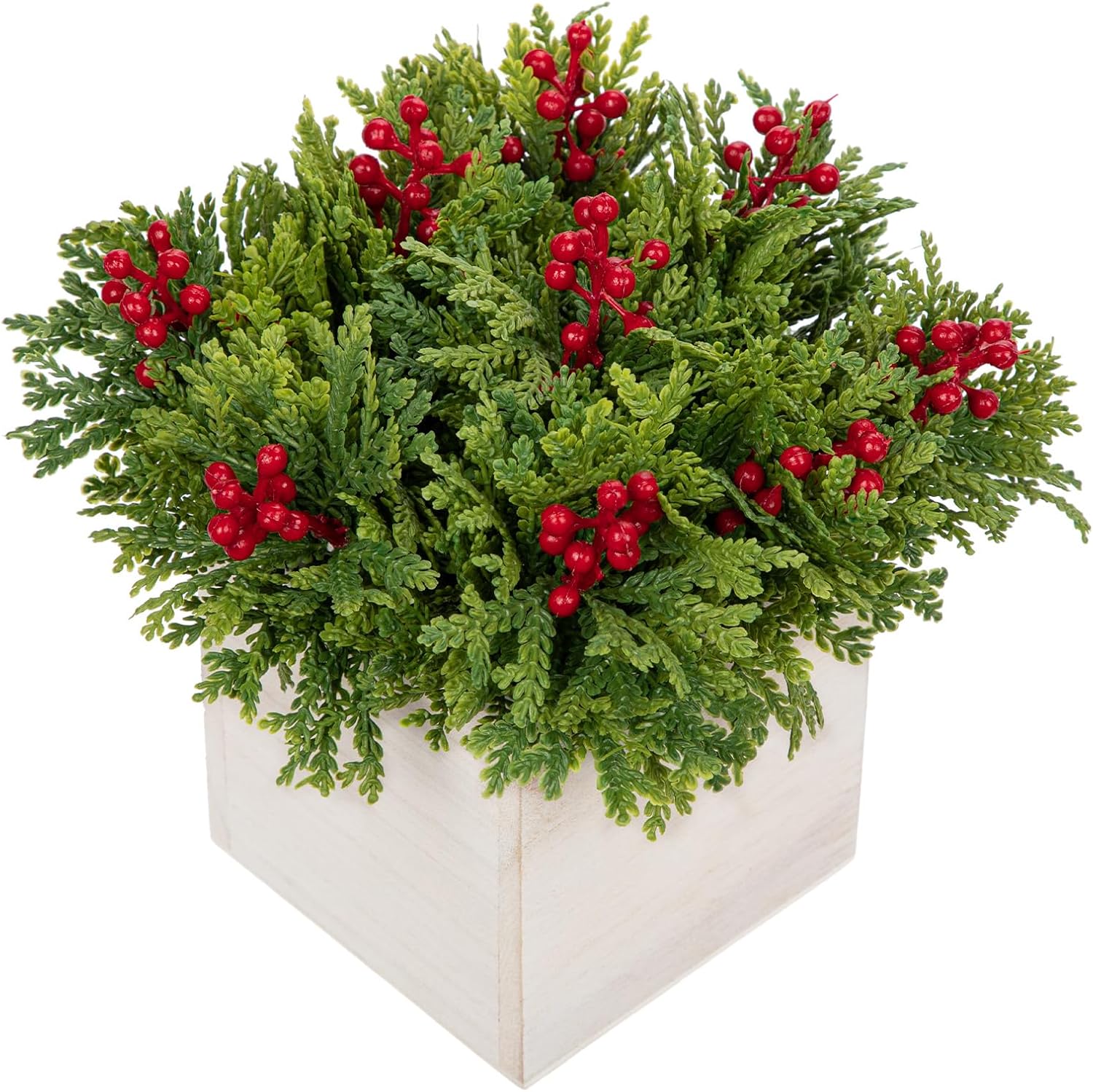 DILATATA Christmas Centerpieces 8 Inch Artificial Christmas Plant in Square Wooden Pot Tabletop Pine Plants with Red Berries Cedar Leaves for Winter Holiday Party Fireplace Mantel Xmas Decor Style 2