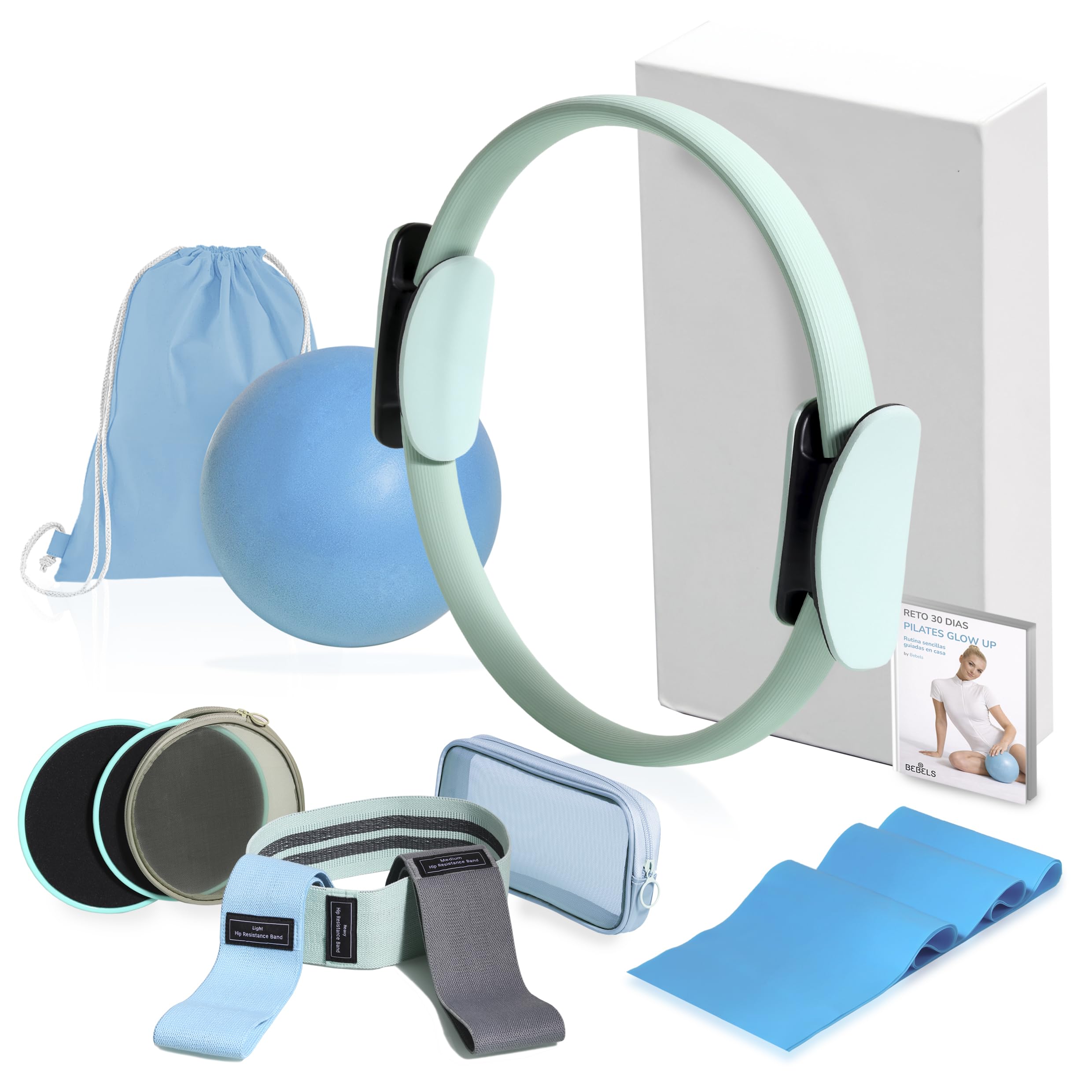 Bebels Pilates Kit, Kit Pilates en casa, Pilates en casa, Kit Gimnasio en casa,Ejercicio en casa, aro Pilates, Bandas elasticas, Pelota Pilates pequeña, Sliders Fitness, Cintas elasticas musculacion