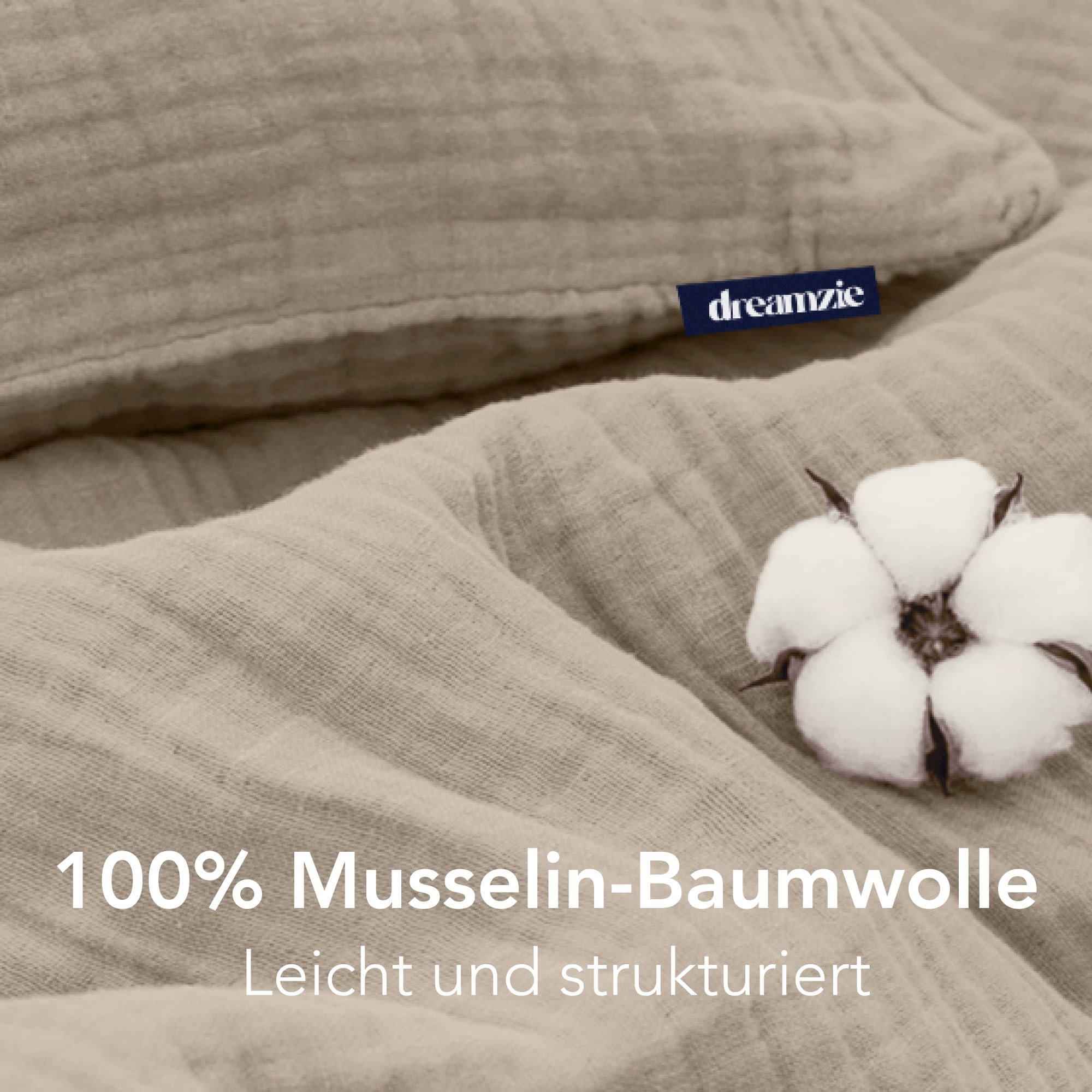 Dreamzie Musselin Bettwäsche 135x200 cm aus 100% Baumwolle – Bettwäsche Set mit 1 Bettbezug und 1 Kissenbezug 80x80 cm – Oeko-Tex Bettwäsche mit Reißverschluss – Taupe