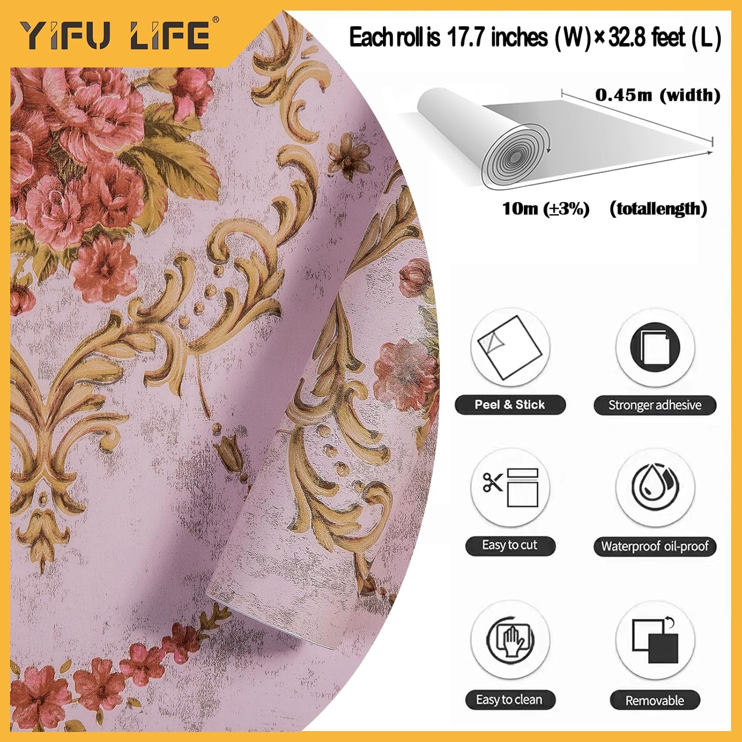 Vintage Pink Damask Peel and Stick Wallpaper Waterproof Removable Vinyl Self Adhesive Wall Paper Shelf Drawer Liner Cabinet Furniture Bedroom Decor 17.7in x 32.8ft