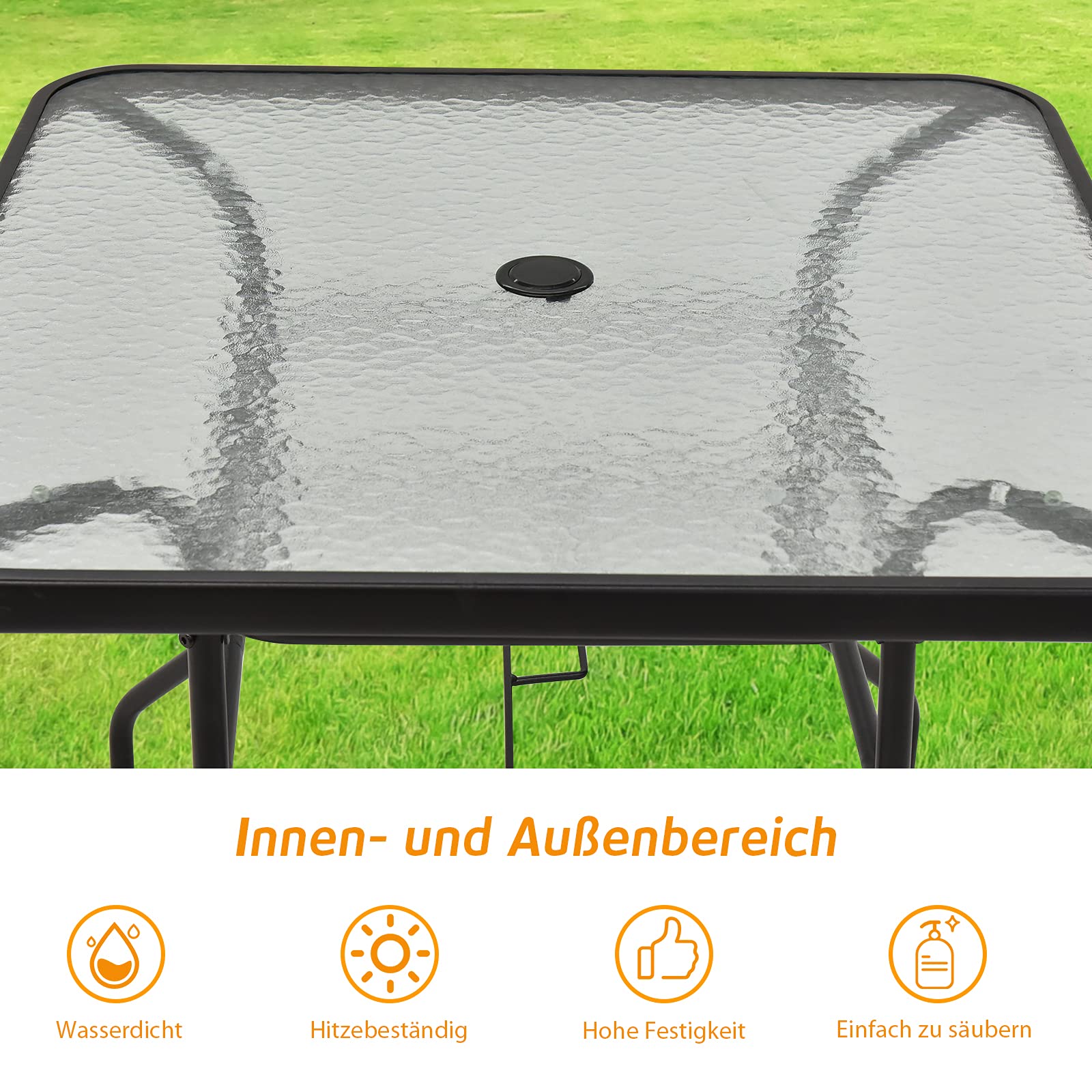 COSTWAY Gartentisch quadratisch, 80x80x71cm, Balkontisch mit Schirmloch, Terrassentisch mit Tischplatte aus gehärtetem Glas, Outdoor-Esstisch für 4 Personen, für Garten, Terrasse, Balkon