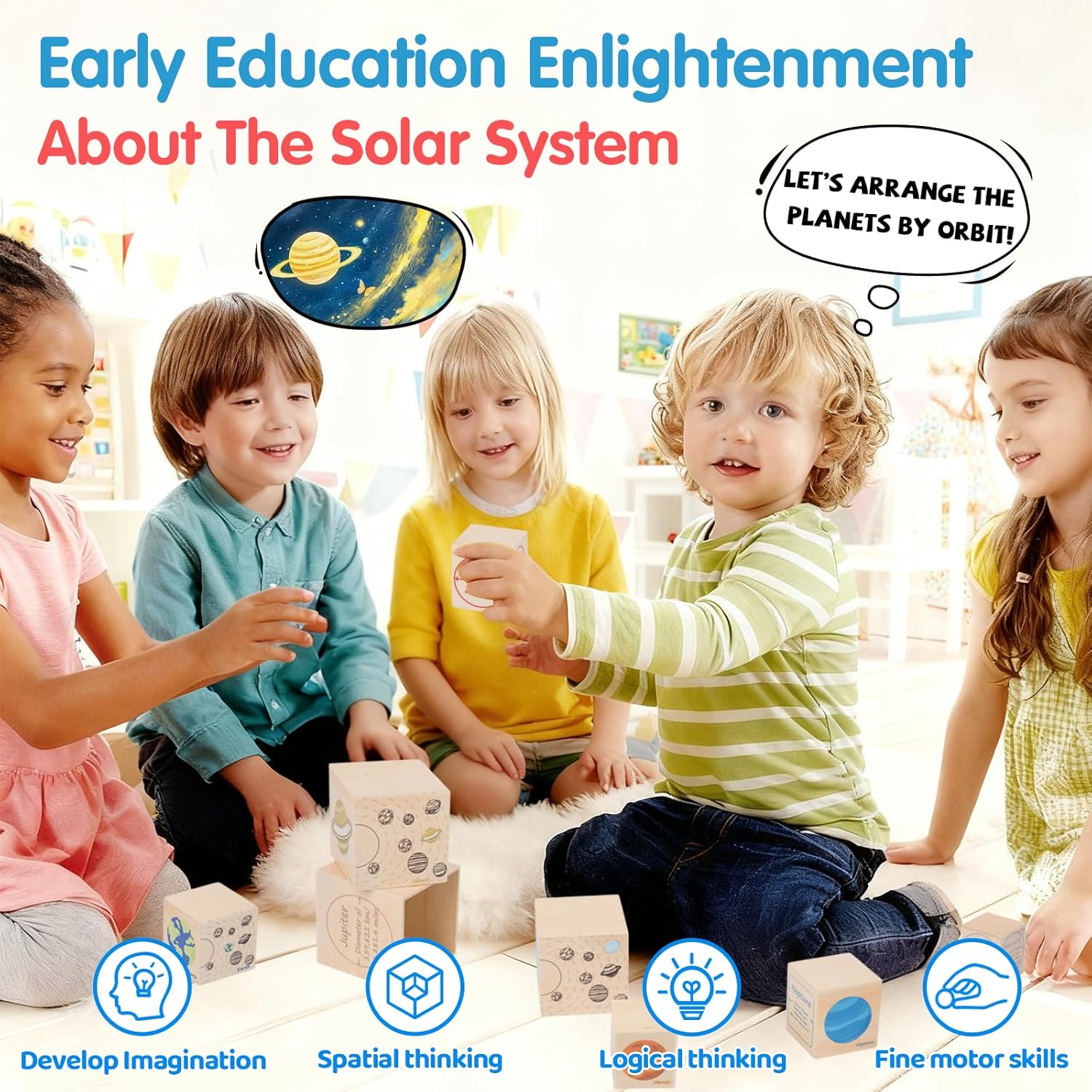 Wooden Eight Planets Nesting Blocks for Kids 3+, Montessori Sorting & Stacking Cube Boxes, Preschool Educational Science Toy Set for Toddlers Boys & Girls―Learning Solar System (8 Pcs)