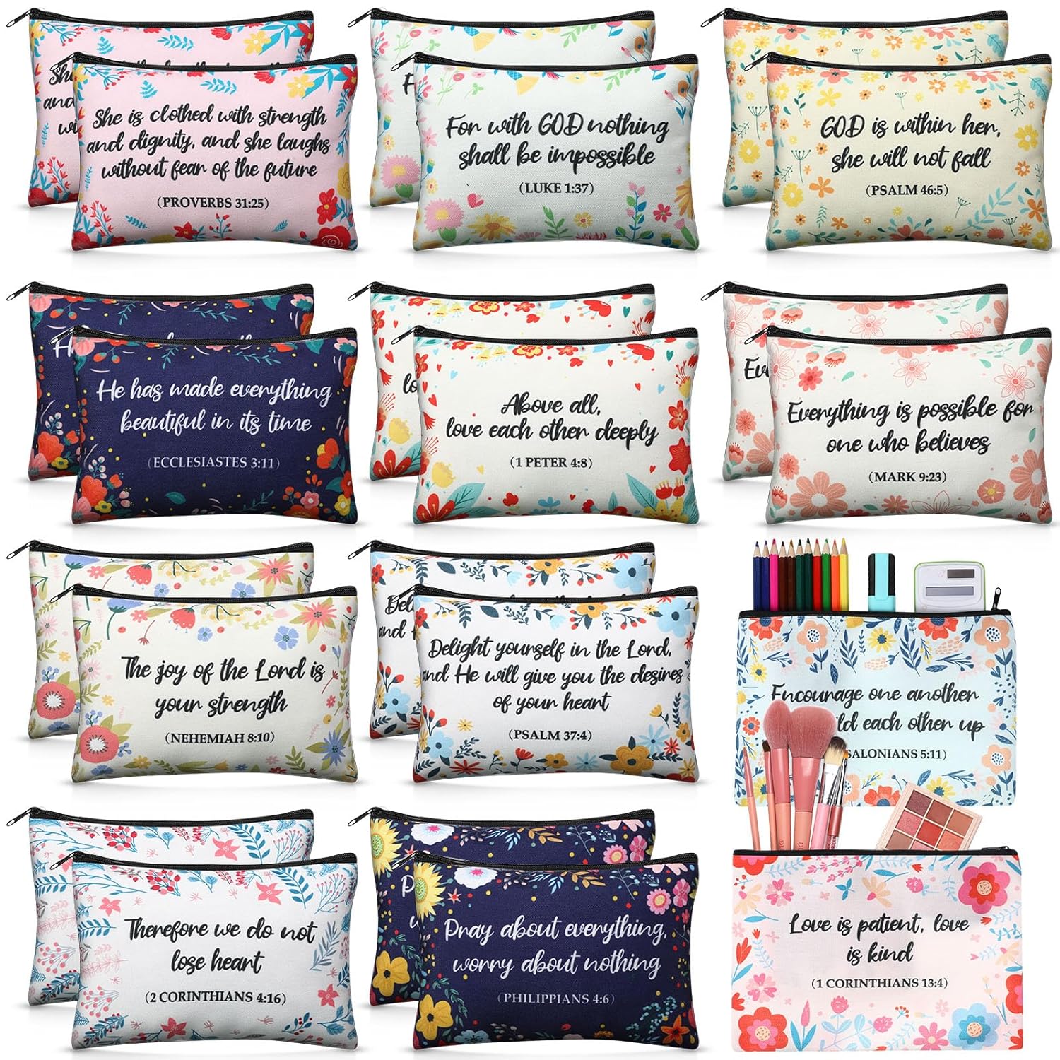 Qeeenar 24 Pcs Christian Makeup Bag Bible Cosmetic Bags Inspirational Bible Verse Toiletry Pouches Canvas Motivational Pouches with Zipper for Women Organize Cosmetics Toiletries Stationery(Floral)