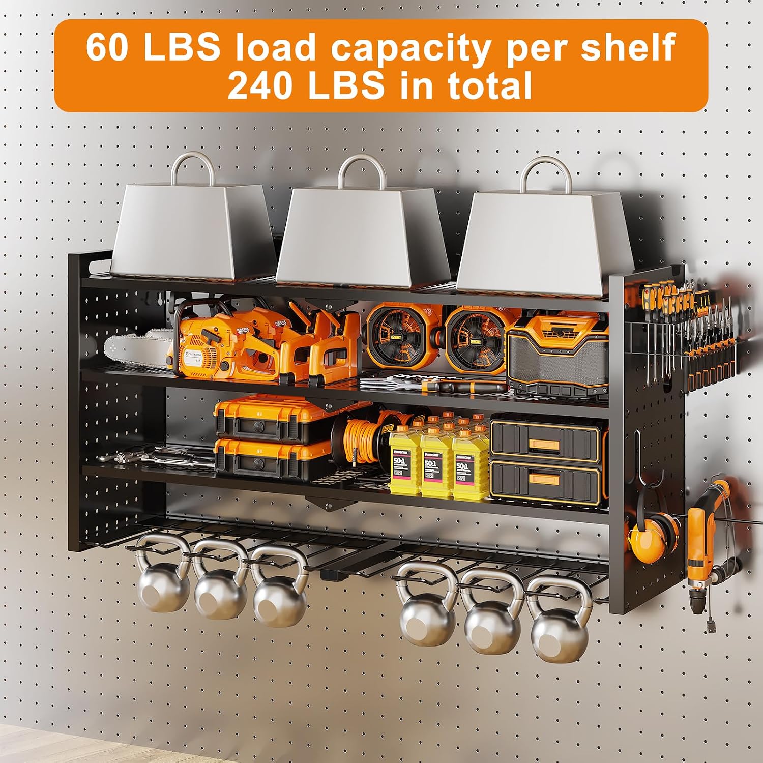 ROOMTEC 33" Wall-Mounted Power Tool Organizer for Garage, 4-Layer Heavy Duty Metal Tool Storage Rack with 8-Outlet Charging Station, Cordless Drill & Battery Organizer, Tool Holder for Workshop
