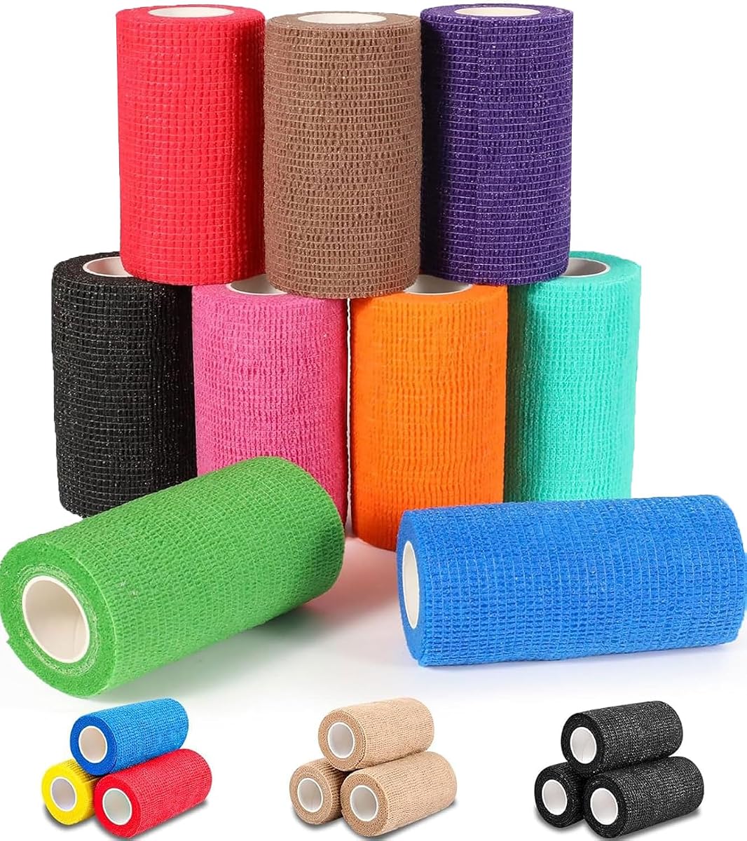 AZEN Paquete de 9 vendajes autoadhesivos, vendaje cohesivo elástico de 4 pulgadas x 5 yardas, cinta atlética de color, cinta de agarre para tatuajes, envoltura veterinaria, cinta para tobillo