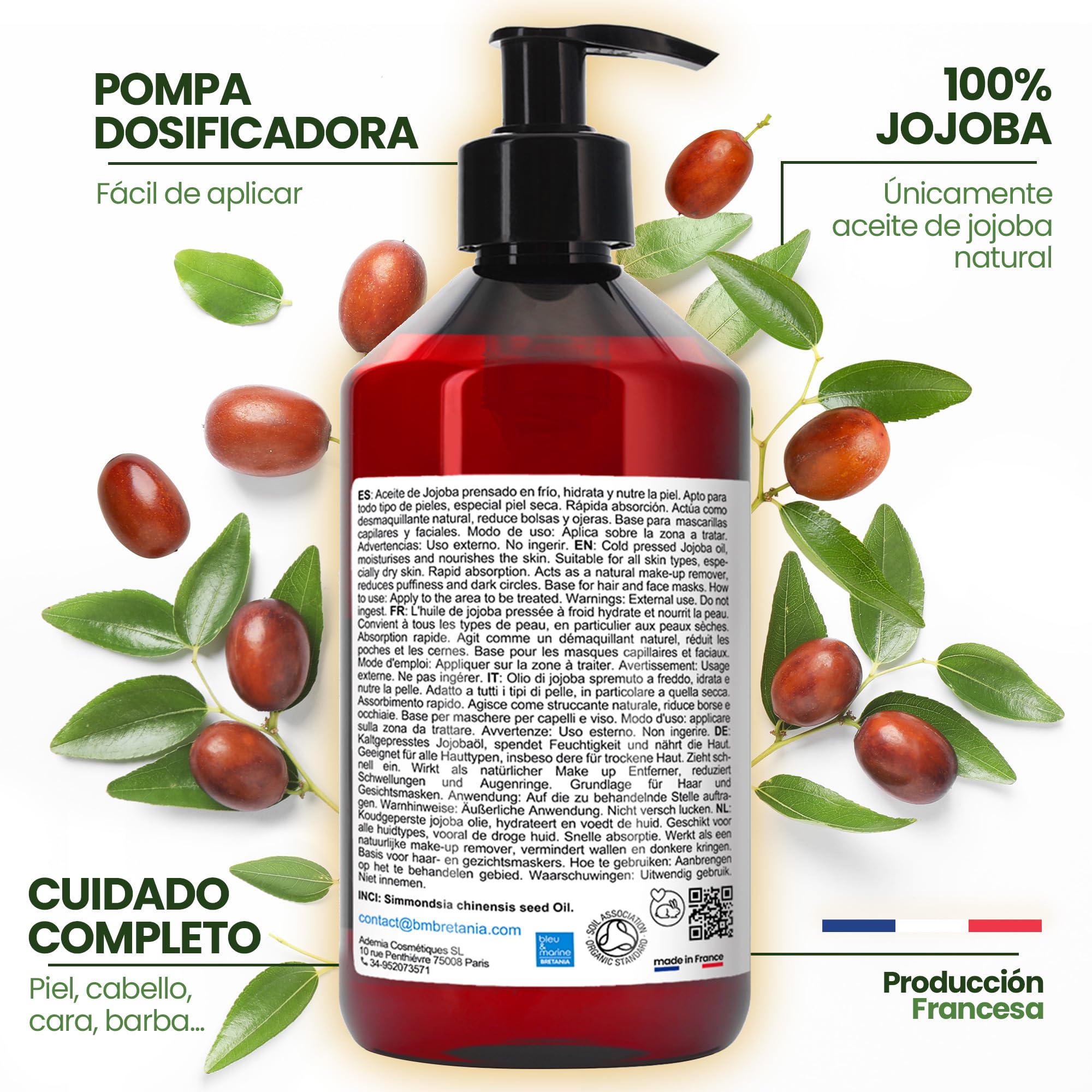 Aceite de Jojoba, BIO, Puro y Natural: Serum Facial, Hidratante Cabello y Barba, Desmaquillante, Limpiador Facial, Serum Pestañas, Aceite Cuticulas Uñas, Cuidado Piel Atópica - 1000 ml 1 L