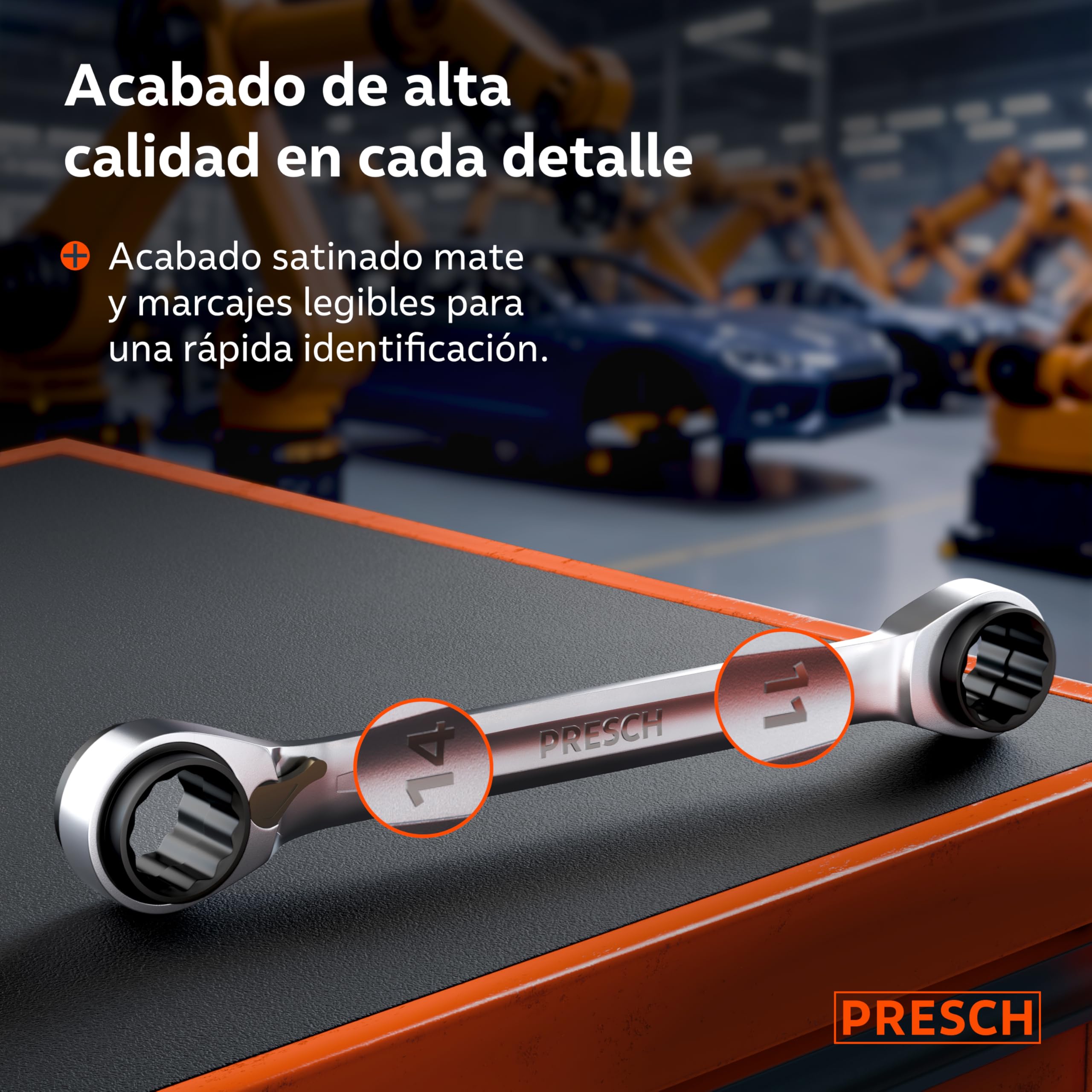 PRESCH Llave carraca doble 4 en 1 (9/11mm y 14/15mm) – Función de reversible – Con 90 dientes y ángulo de retroceso de 4° – 4 tamaños en una sola llave de carraca - Extremadamente resistente