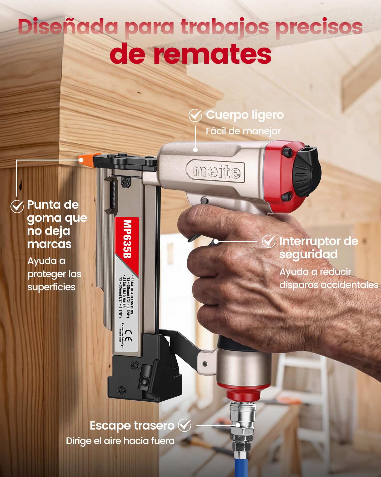 meite MP635B Clavadora Neumática de Clavos 23GA con 10.000 Clavos Pin, Pistola de Púas Neumática 23GA para Clavos Pin de 12-35 mm, Ideal para Molduras Finas, Paneles y Manualidades