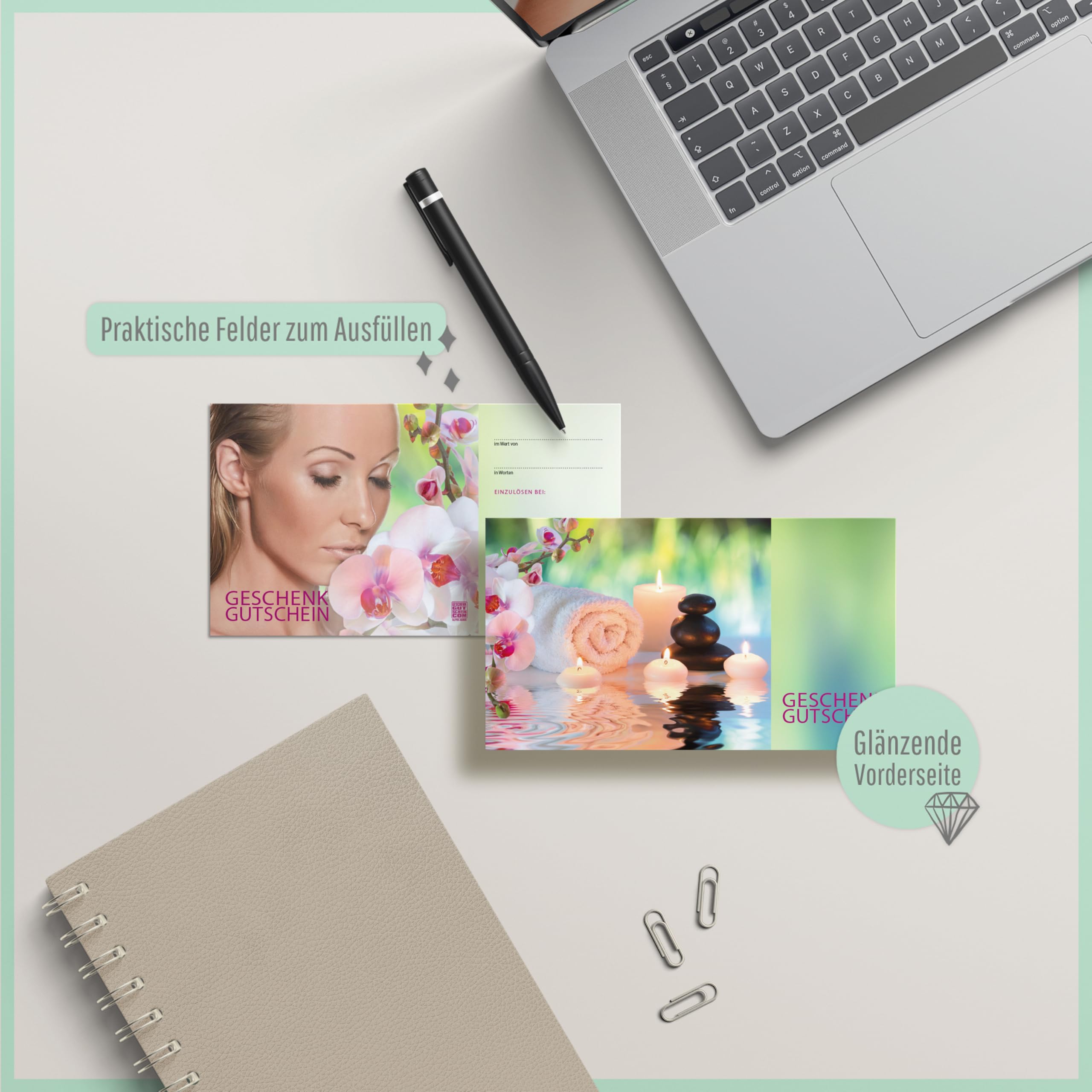 GESCHENKGUTSCHEINcom - 50 Gutscheine mit Umschlag/Schleife für Kosmetikinstitut Kosmetik Wellness - Geschenkgutschein-Vordruck blanko KS1233-2-50