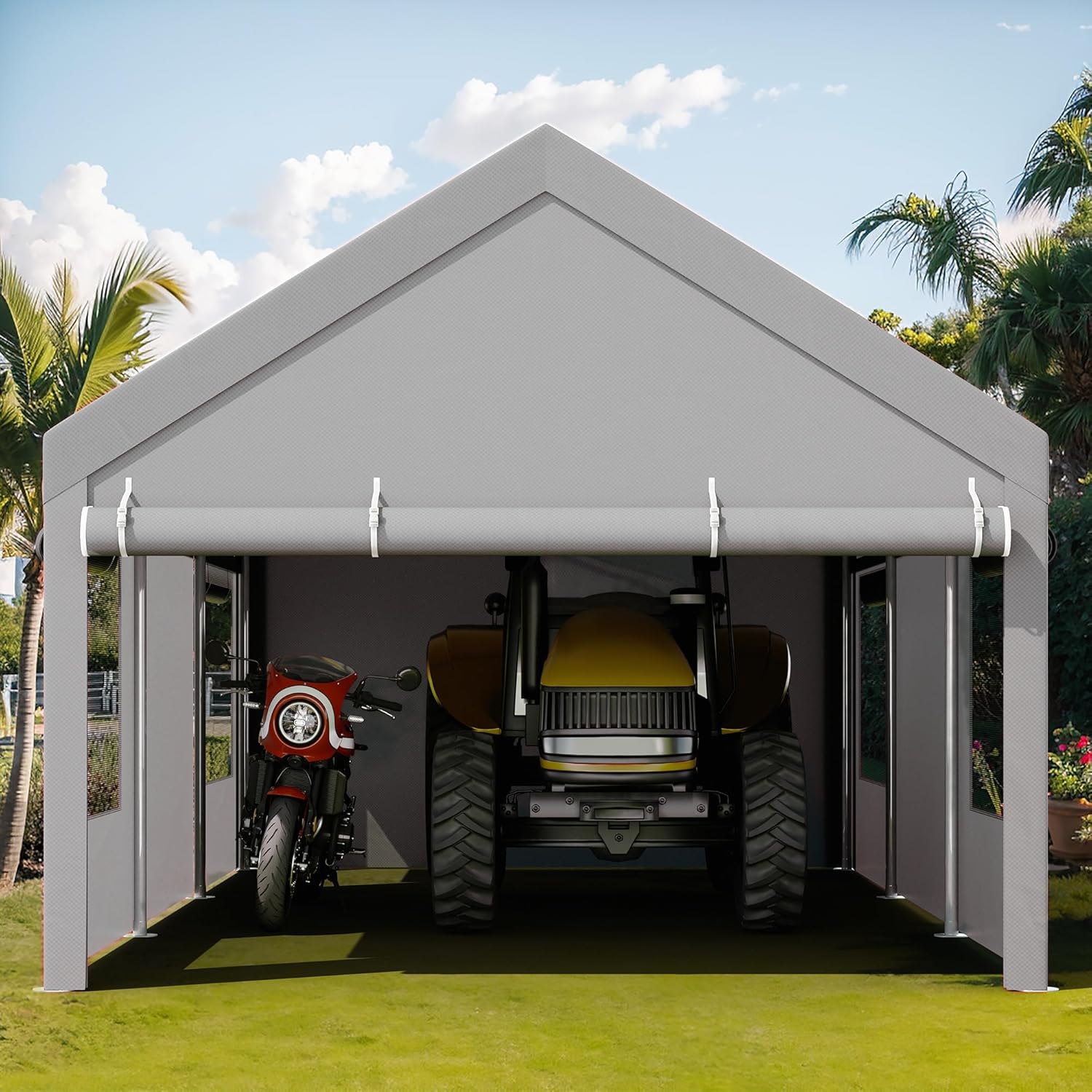 JY QAQA Carport, 12x20 FT Heavy Duty Carport with Removable Side Walls and Doors, Portable Garage with Roll-Up Window and Sandbags, Car Canopy with All-Season Tarp for Cars, Trucks, Boats, Grey JY QAQA Carport, 12x20 FT Heavy Duty Carport with Removable Side Walls and Doors, Portable Garage with Roll-Up Window and Sandbags, Car Canopy with All-Season Tarp for Cars, Trucks, Boats, Grey