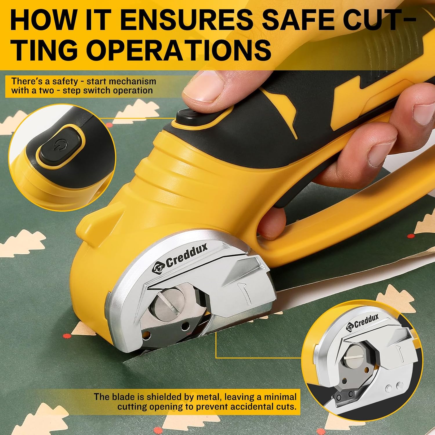 4v Cordless Electric Scissors, Electric Box Cutter With LED Light and Safety Lock, Cardboard Cutter, Rotary Cutter for Cardboard Leather Carpet Plastic Yellow