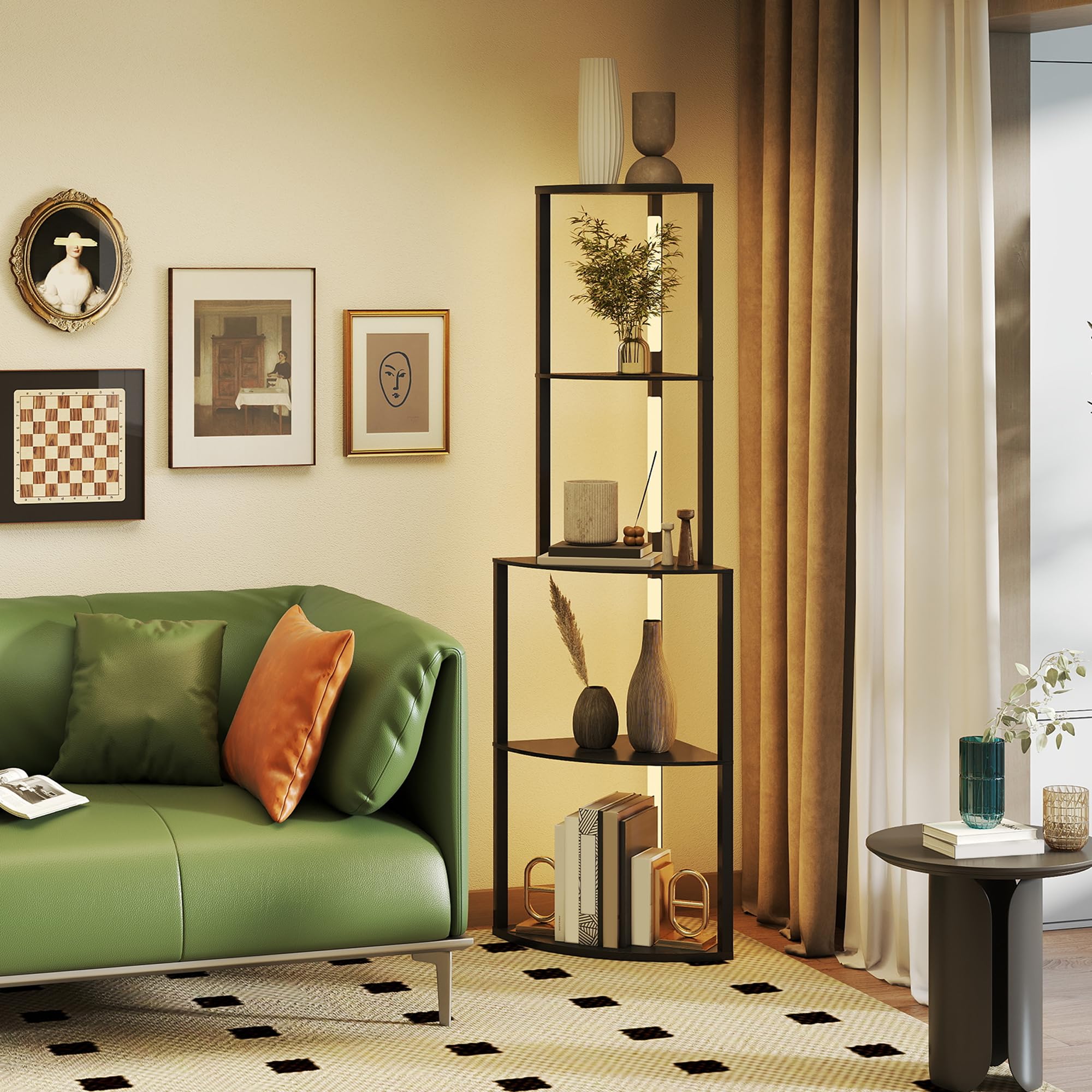 HOMCOM Stehleuchte Wohnzimmer, Stehleuchte mit 4-stufigen Eckregalen, moderne LED-Lampe, regulierbare Helligkeit, Fußschalter, für Wohnzimmer, Schlafzimmer, Büro, schwarz