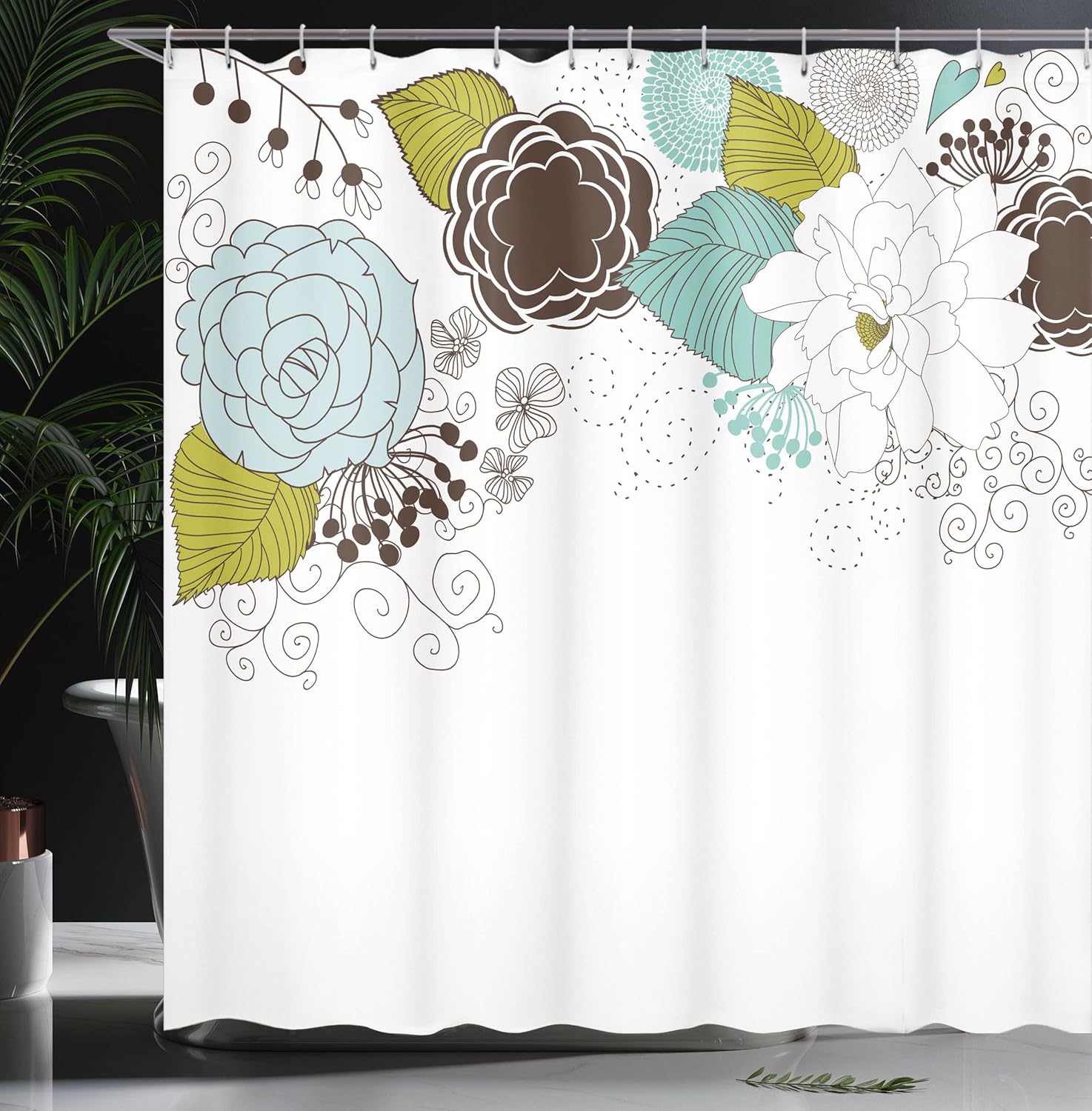 Ambesonne Spring Shower Curtain, Ornamental Florets Blooms Romantic with Leaves Beauty Design, Cloth Fabric Bathroom Decor Set with Hooks, 69" W x 84" L, Apple Green